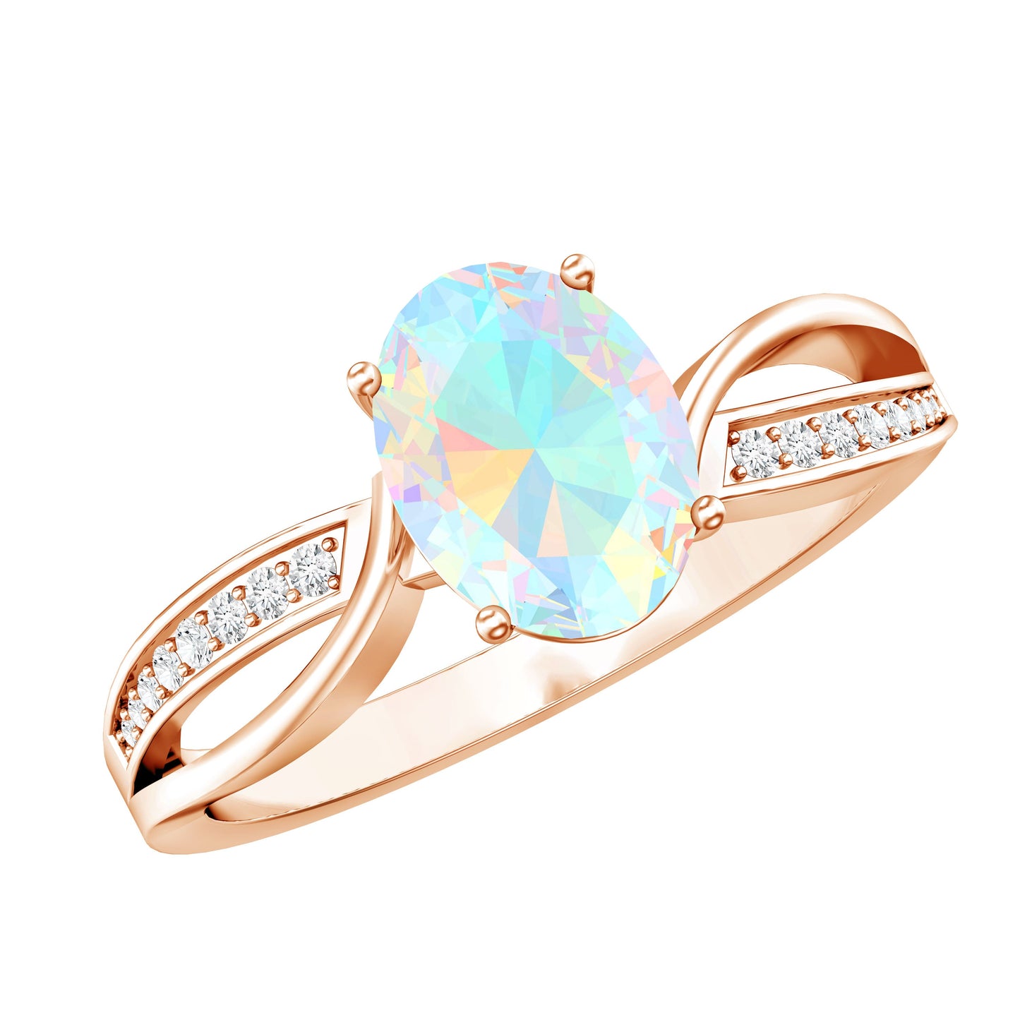 Natural 6X8 mm Oval Opalescent Diamond Engagement Ring with Split Shank