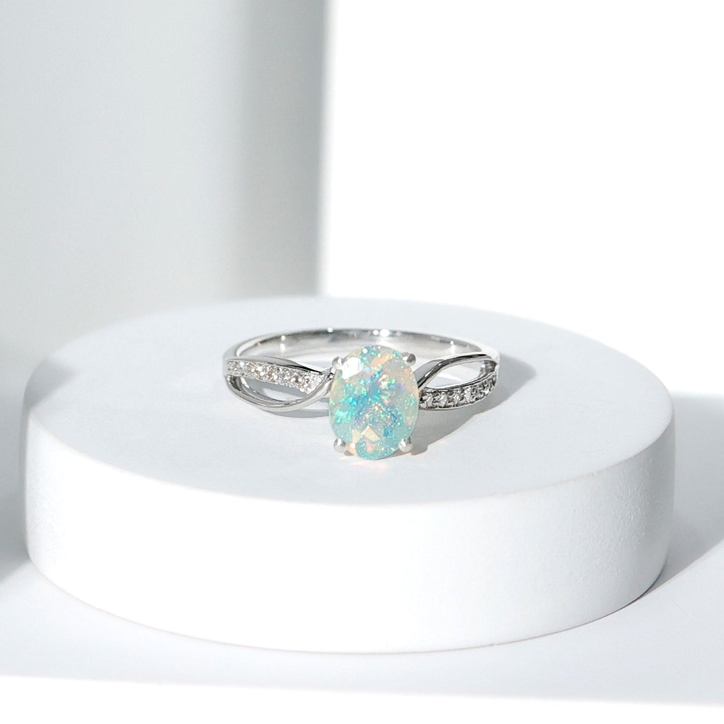 Natural 6X8 mm Oval Opalescent Diamond Engagement Ring with Split Shank