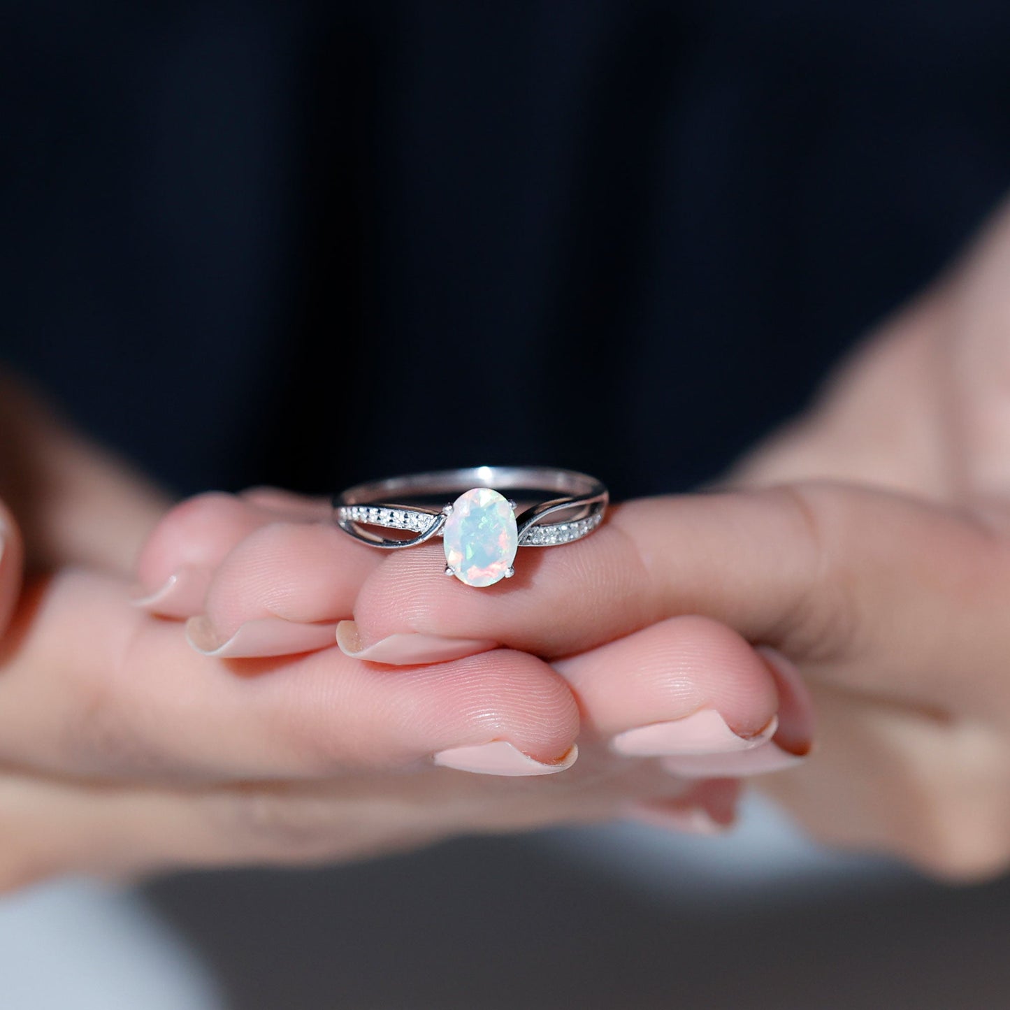 Natural 6X8 mm Oval Opalescent Diamond Engagement Ring with Split Shank