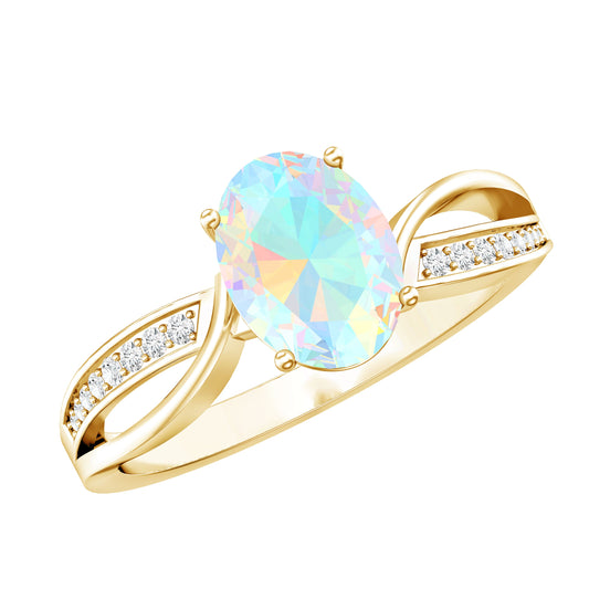 Natural 6X8 mm Oval Opalescent Diamond Engagement Ring with Split Shank