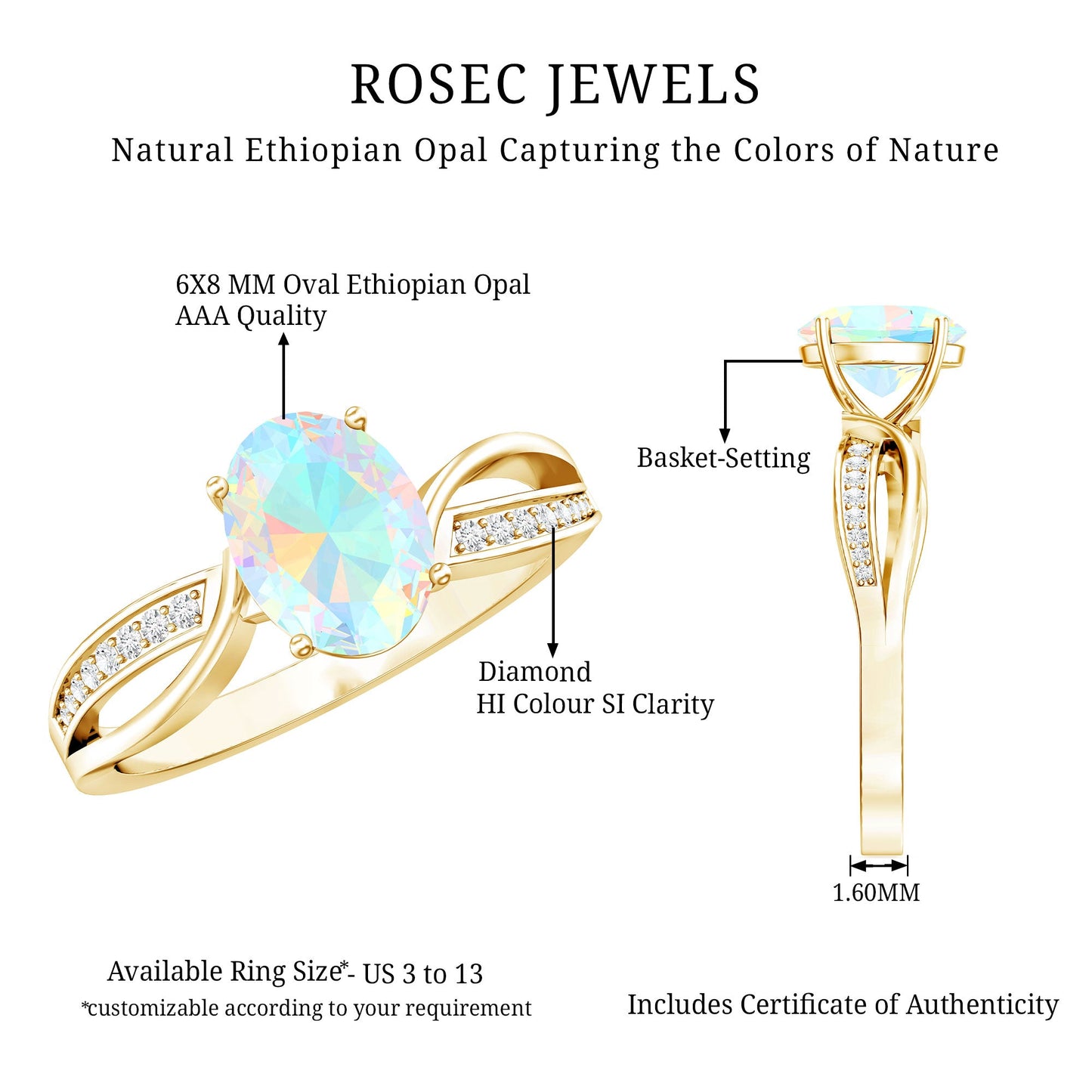 Natural 6X8 mm Oval Opalescent Diamond Engagement Ring with Split Shank