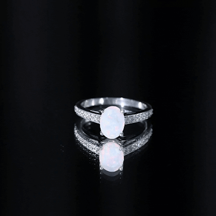 Natural 6X8mm Ethiopian Opal Oval Engagement Ring with Diamond Side Stones