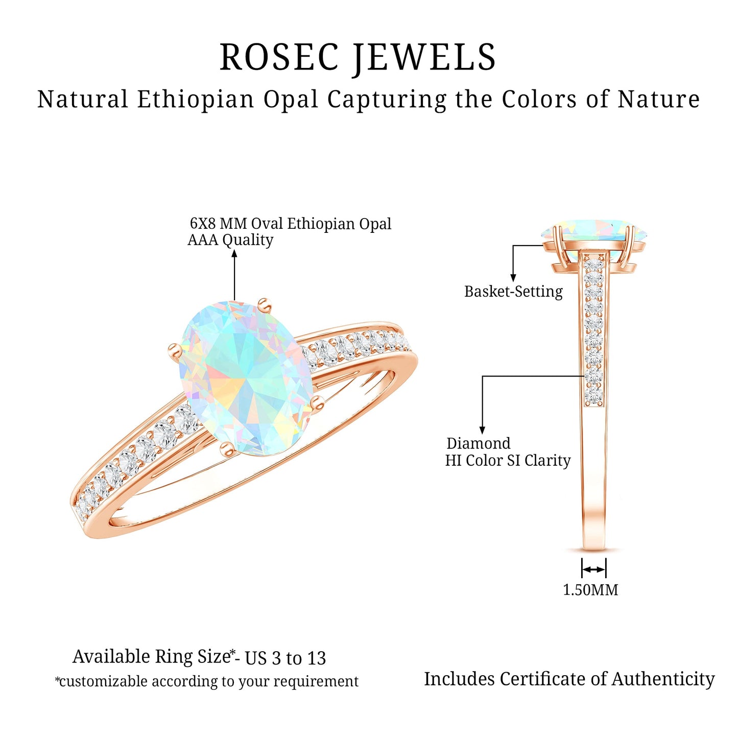 Natural 6X8mm Ethiopian Opal Oval Engagement Ring with Diamond Side Stones