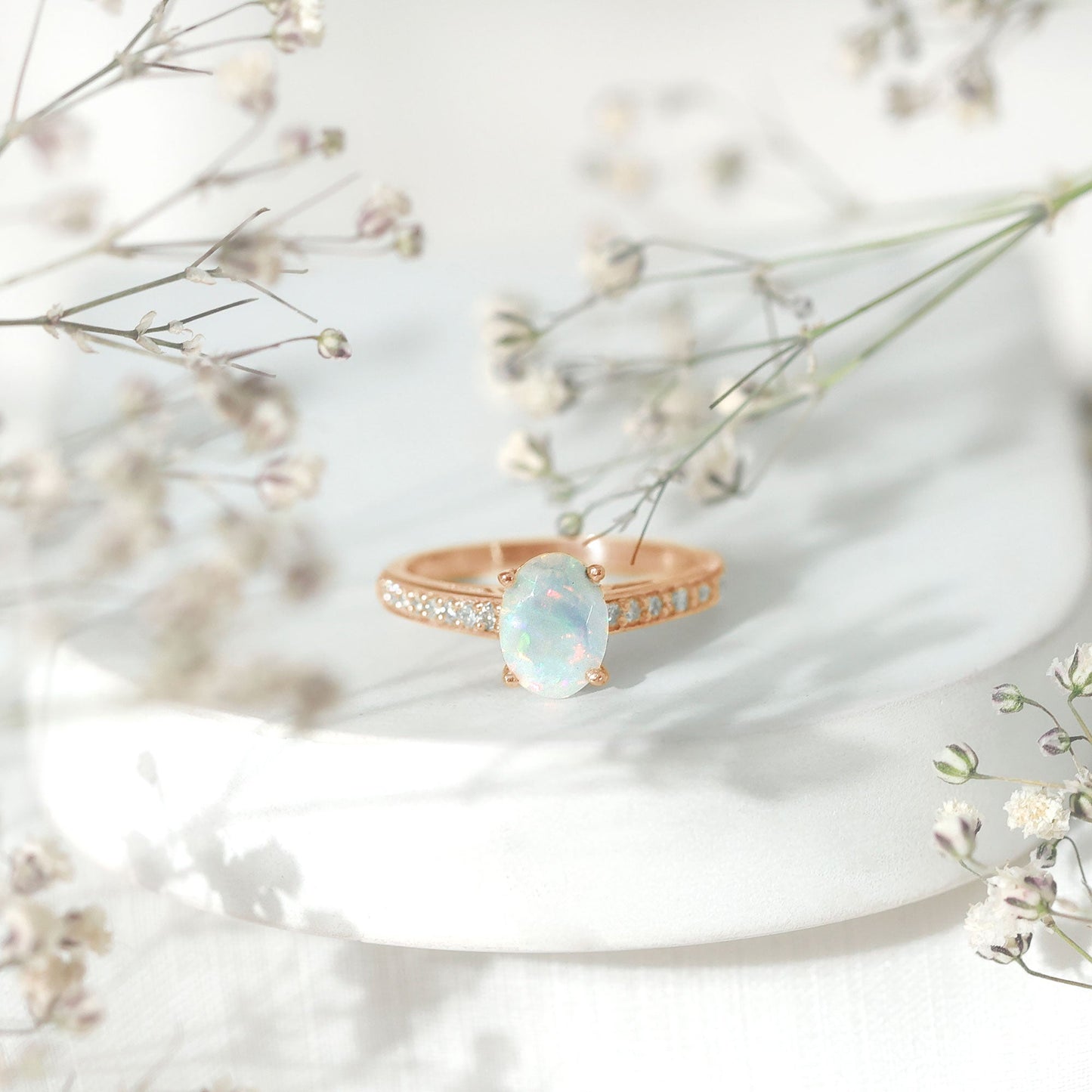 Natural 6X8mm Ethiopian Opal Oval Engagement Ring with Diamond Side Stones