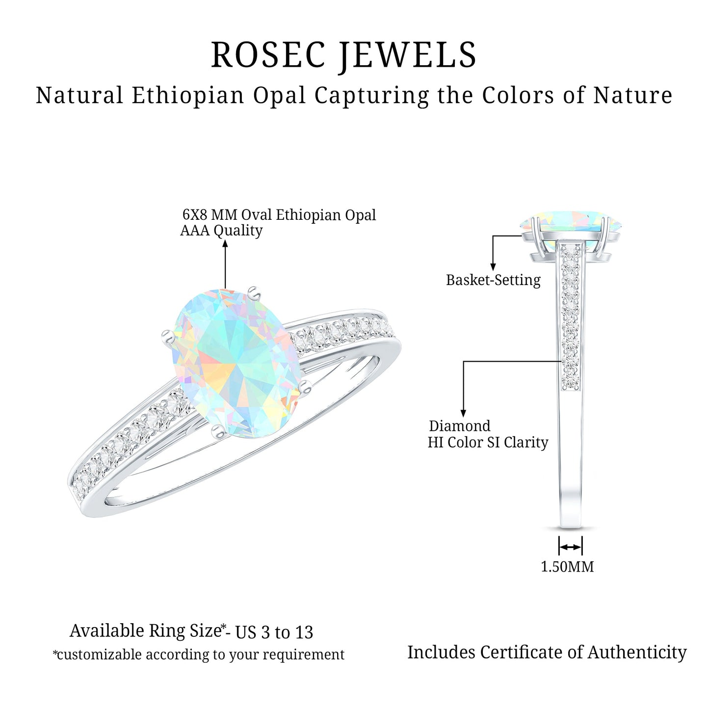 Natural 6X8mm Ethiopian Opal Oval Engagement Ring with Diamond Side Stones