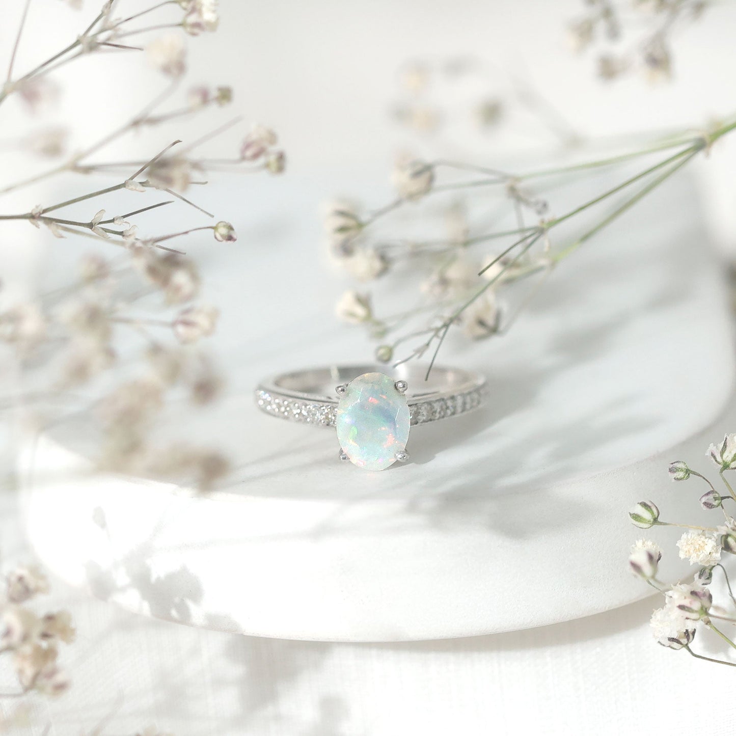 Natural 6X8mm Ethiopian Opal Oval Engagement Ring with Diamond Side Stones