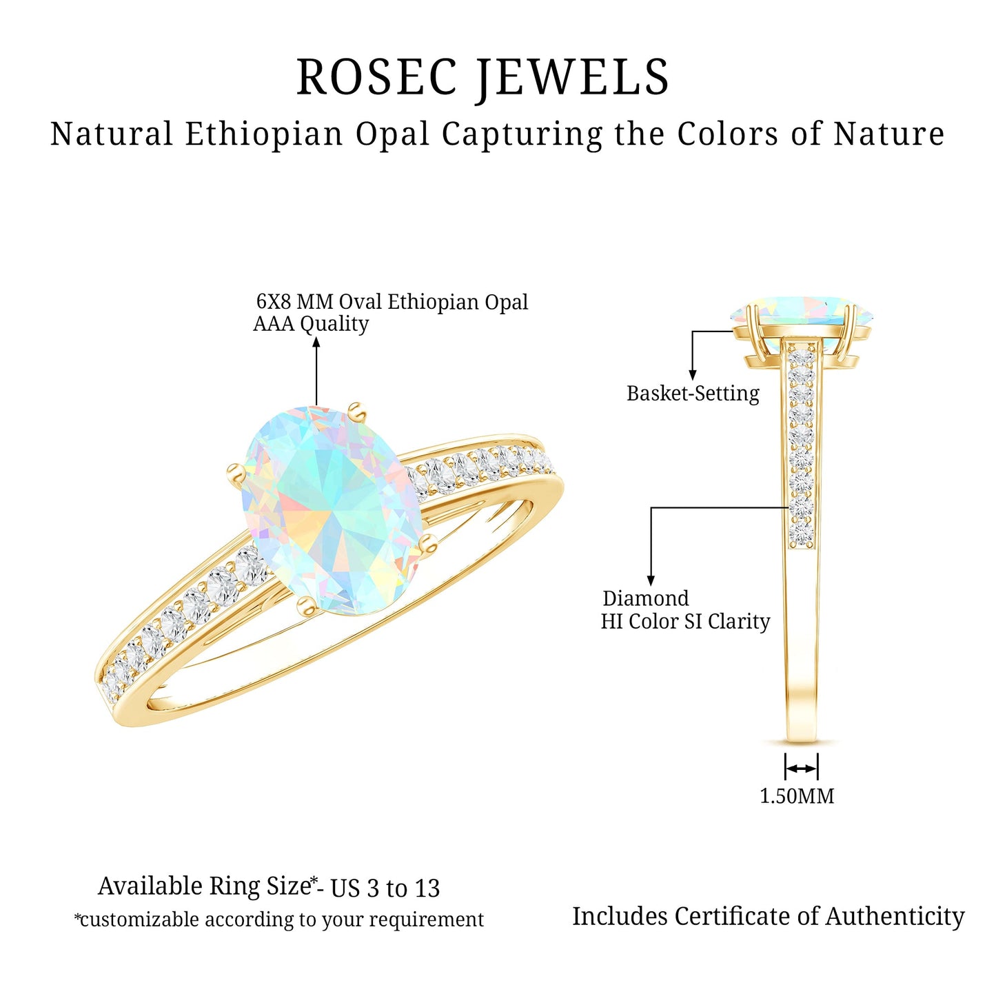 Natural 6X8mm Ethiopian Opal Oval Engagement Ring with Diamond Side Stones