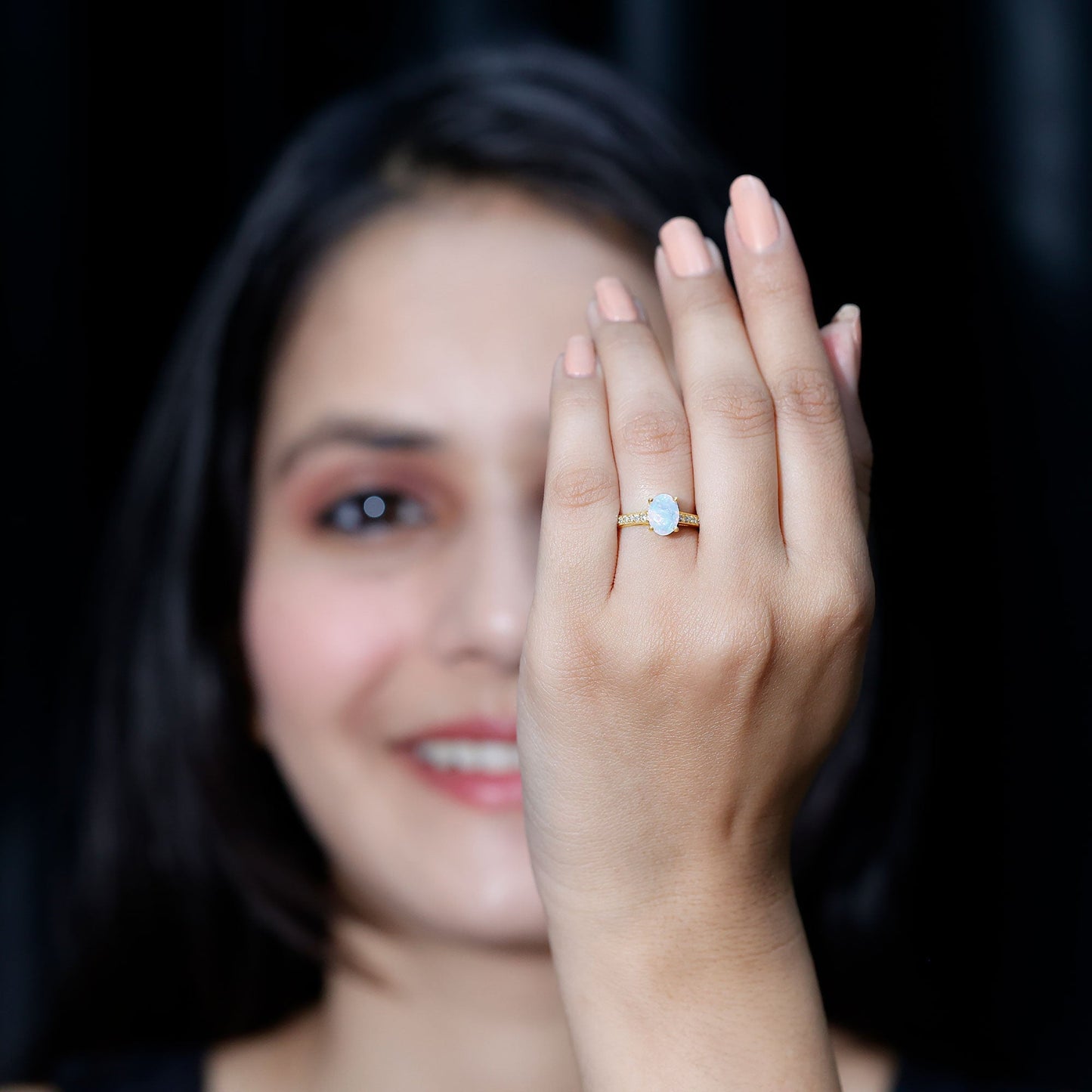 Natural 6X8mm Ethiopian Opal Oval Engagement Ring with Diamond Side Stones