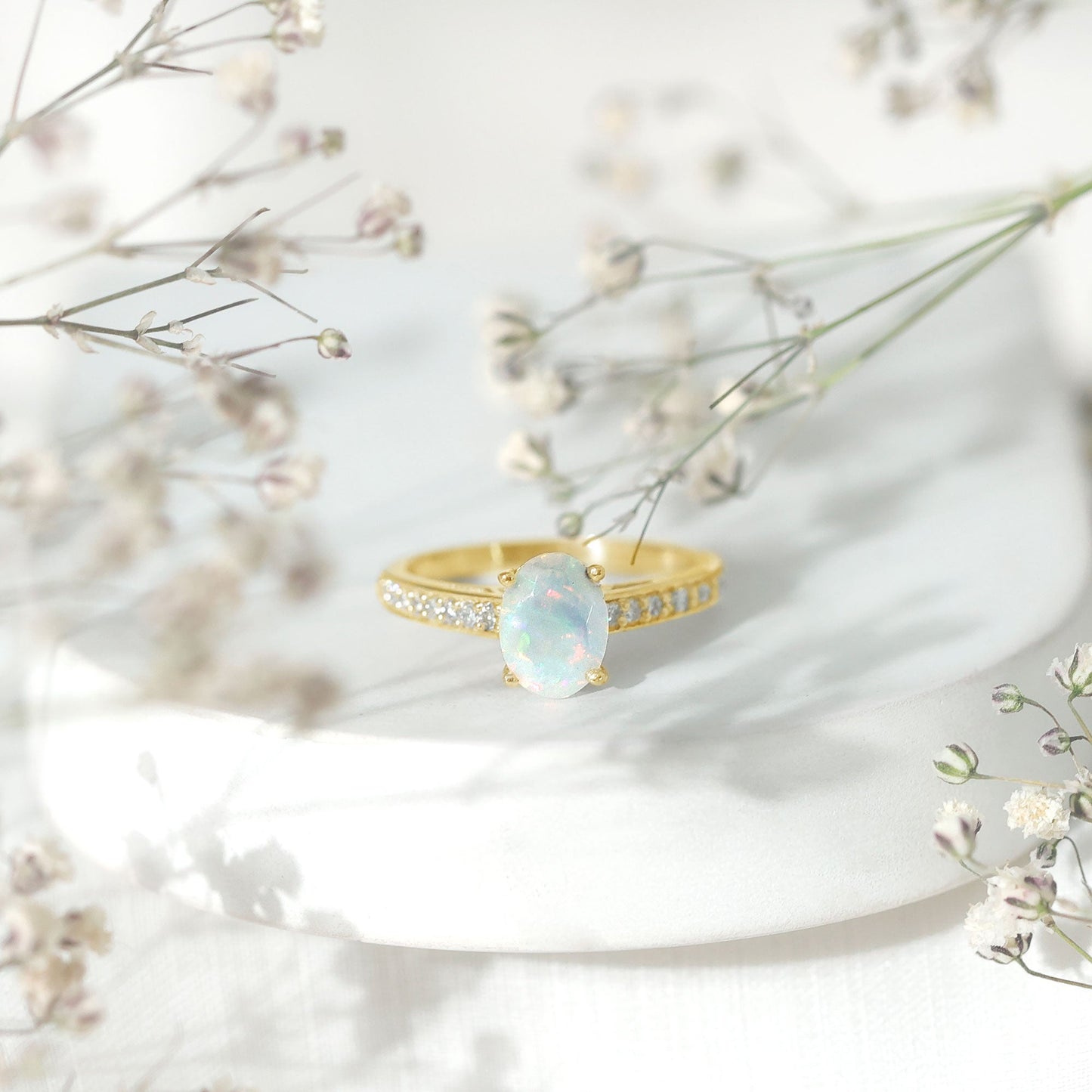 Natural 6X8mm Ethiopian Opal Oval Engagement Ring with Diamond Side Stones