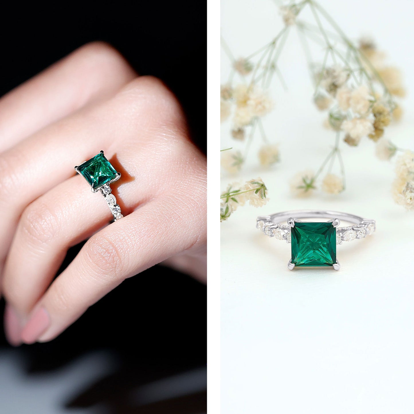 8 MM Solitaire Lab Emerald Princess Cut Engagement Ring with Moissanite
