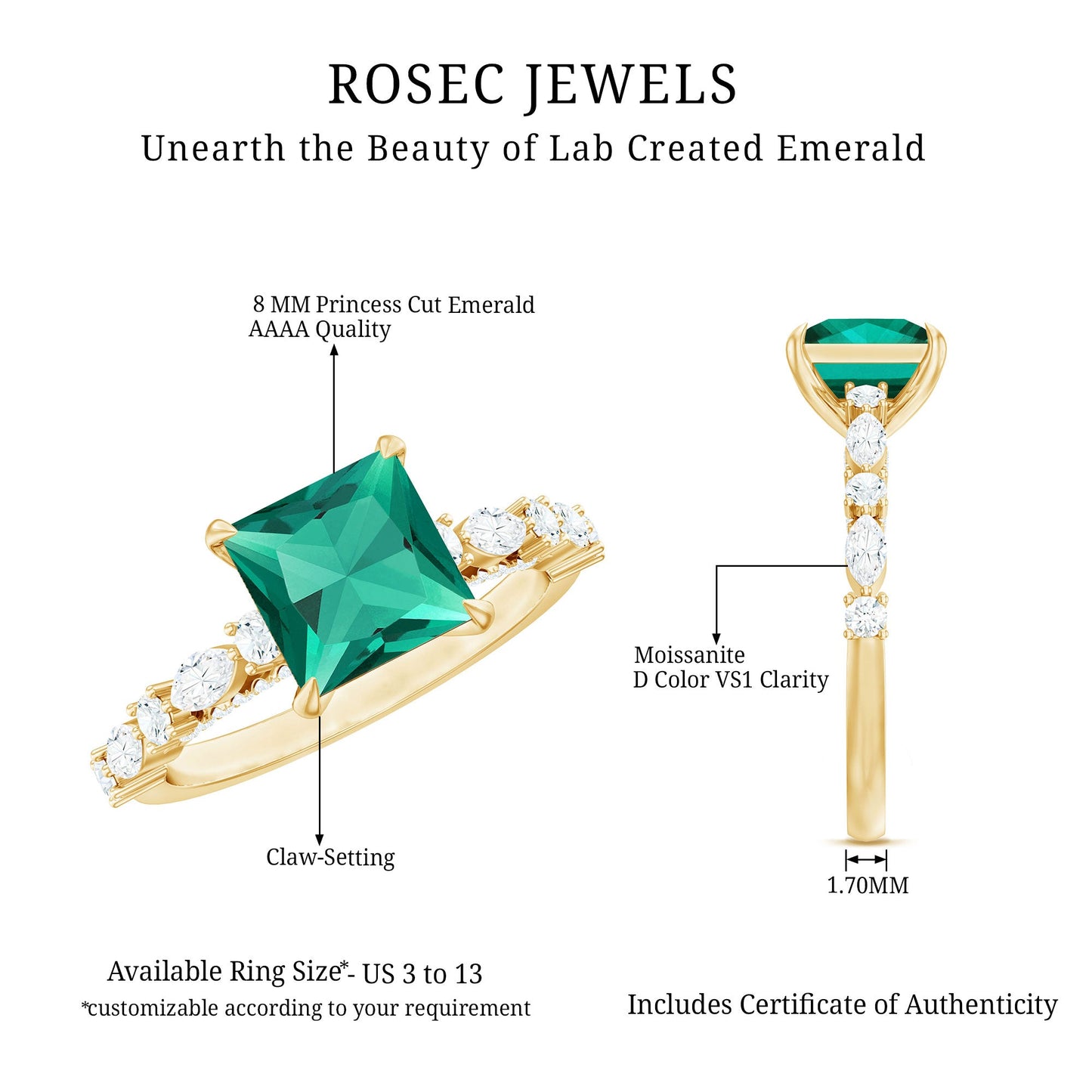 8 MM Solitaire Lab Emerald Princess Cut Engagement Ring with Moissanite