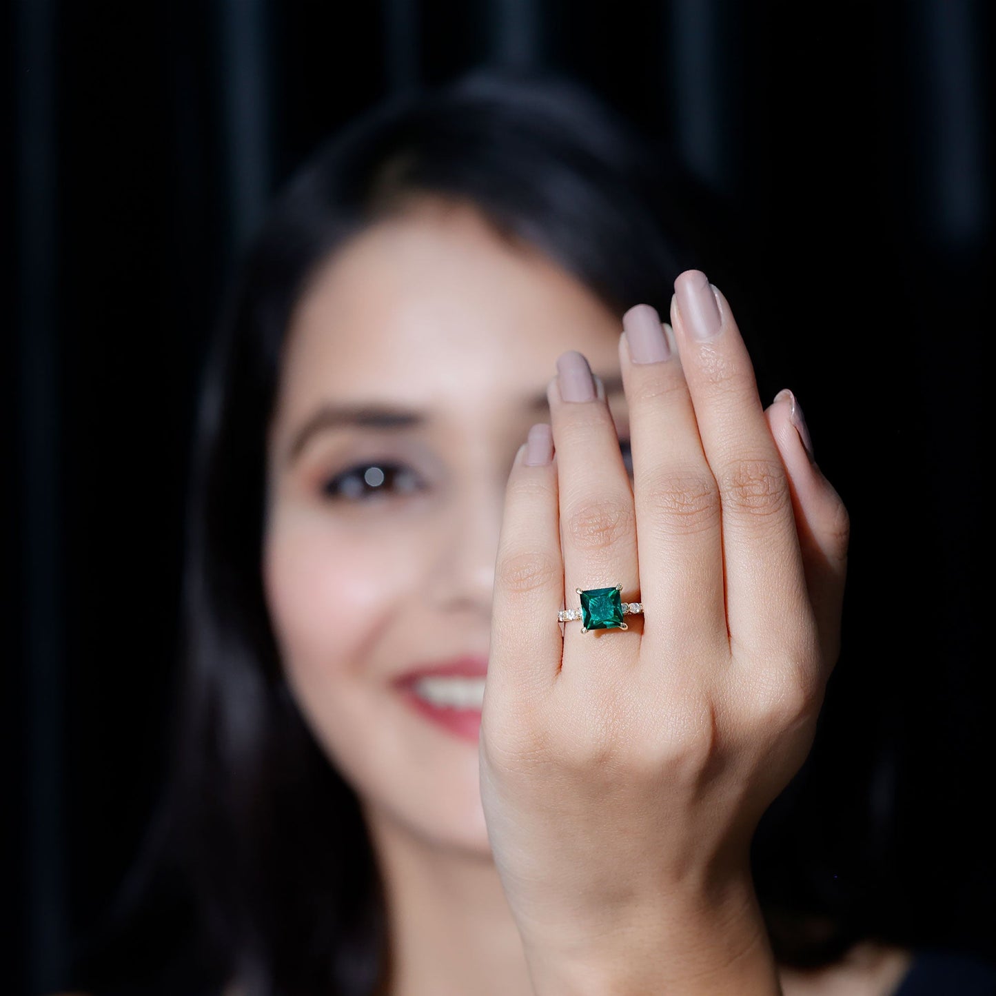 8 MM Solitaire Lab Emerald Princess Cut Engagement Ring with Moissanite