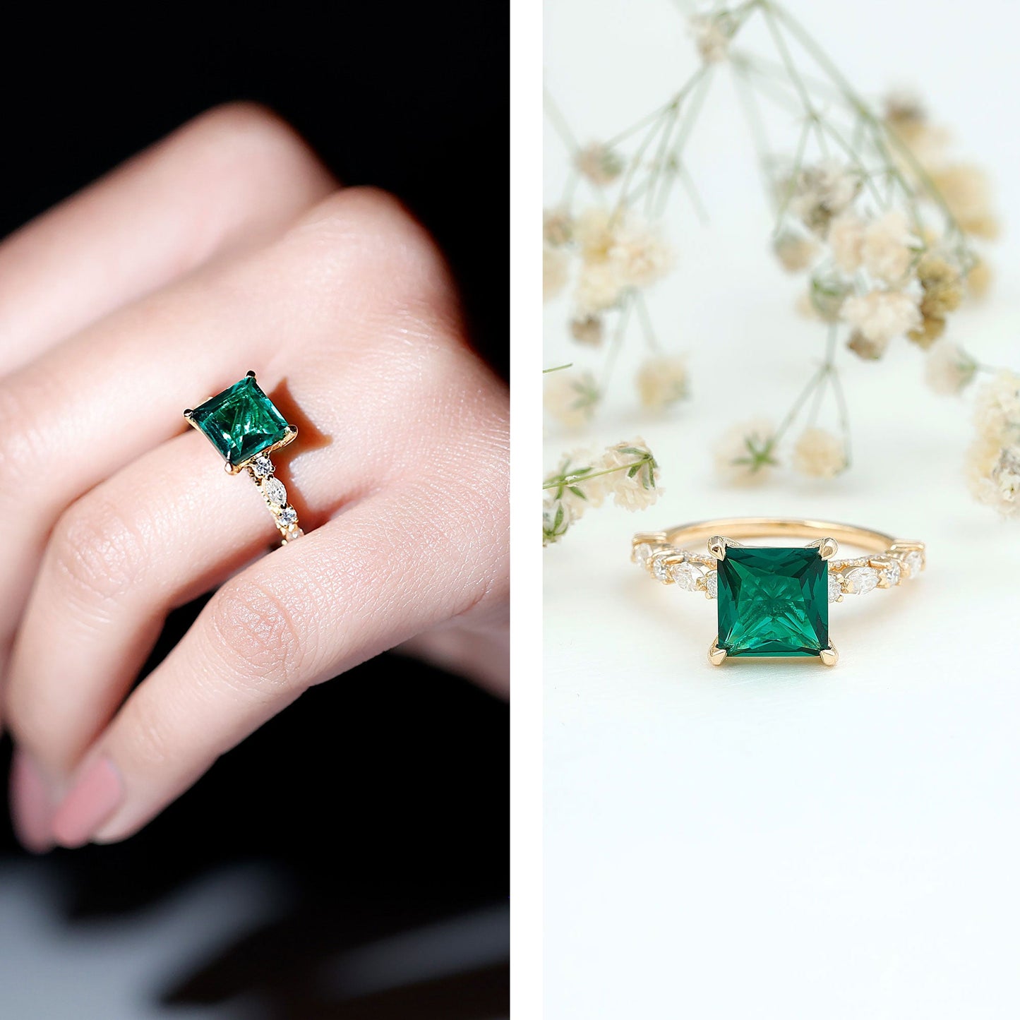 8 MM Solitaire Lab Emerald Princess Cut Engagement Ring with Moissanite