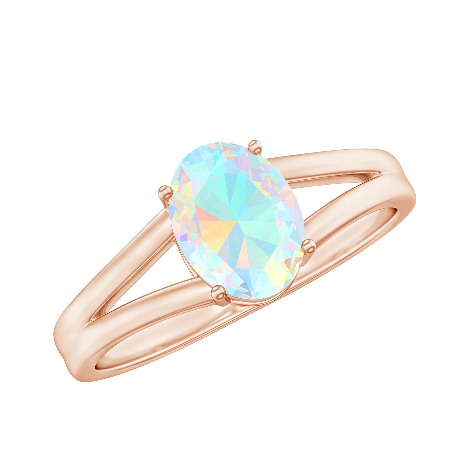 Genuine 6X8 mm Oval Ethiopian Rainbow Opal Split Shank Engagement Ring