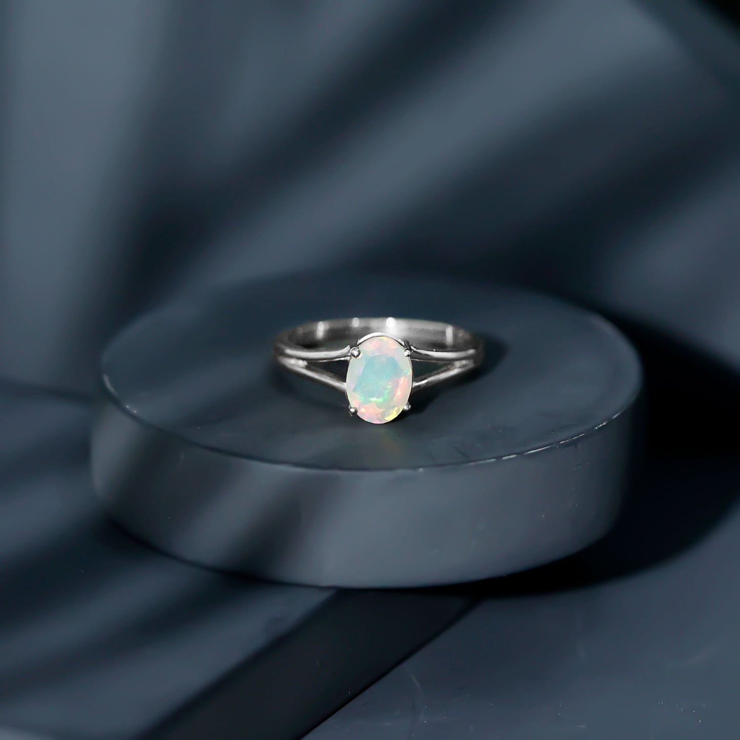 Genuine 6X8 mm Oval Ethiopian Rainbow Opal Split Shank Engagement Ring