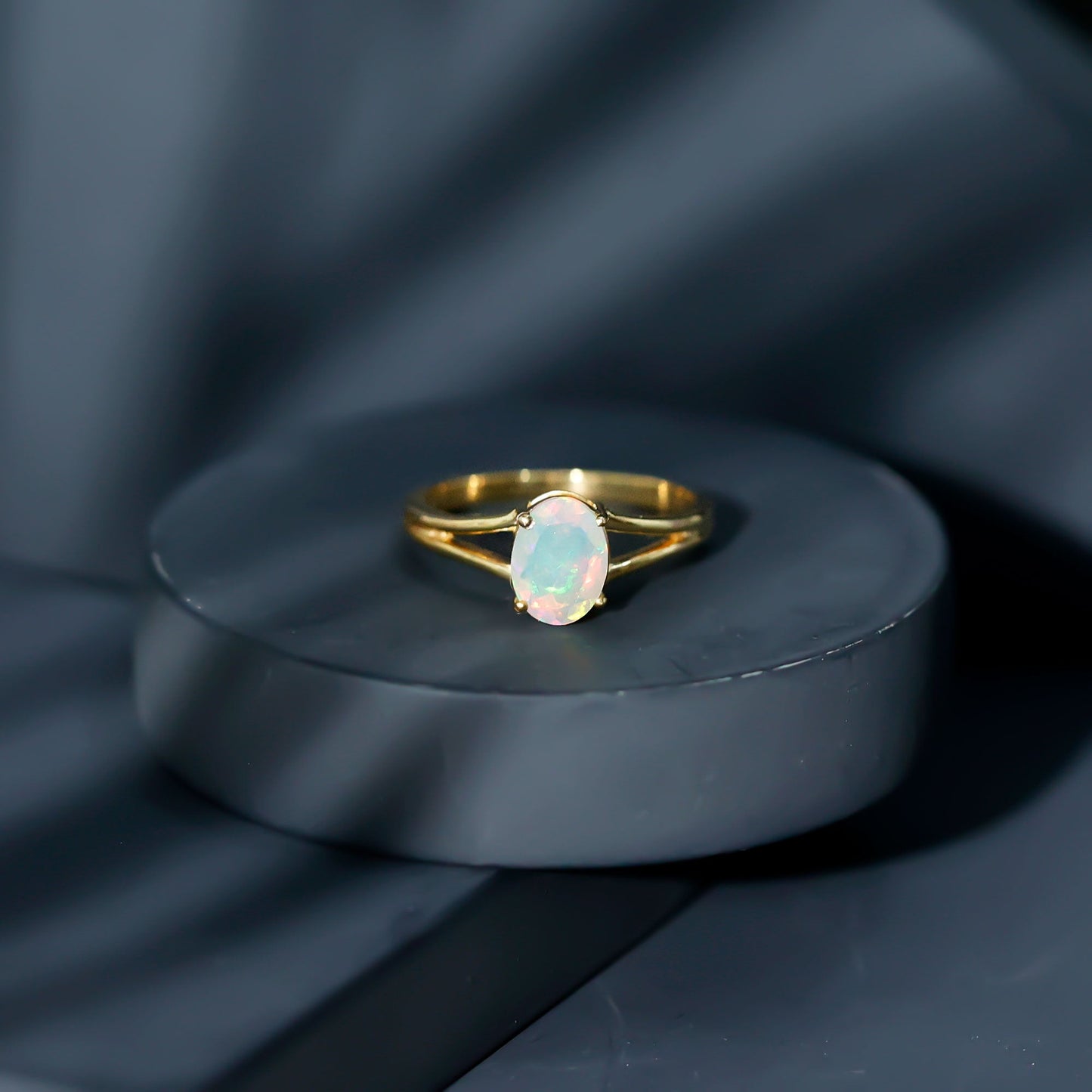 Genuine 6X8 mm Oval Ethiopian Rainbow Opal Split Shank Engagement Ring