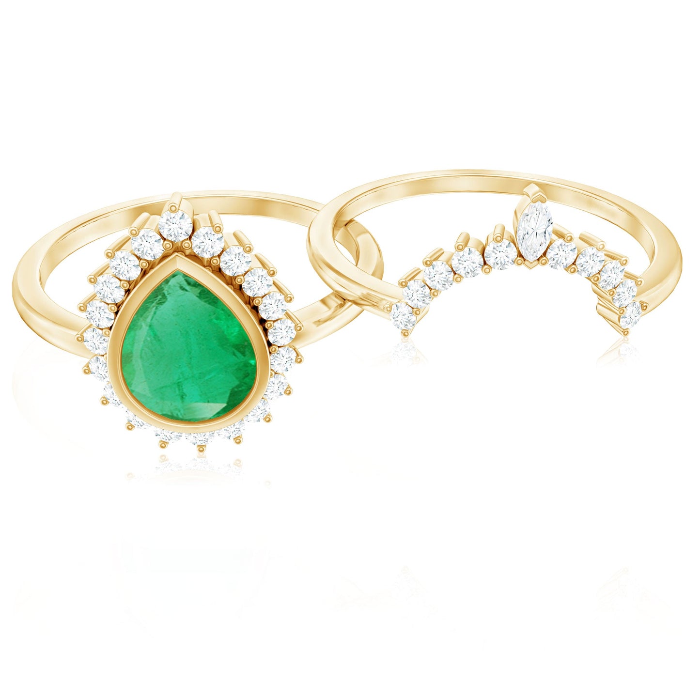 Natural Emerald Diamond Pear Shape Engagement Ring and Wedding Band Set