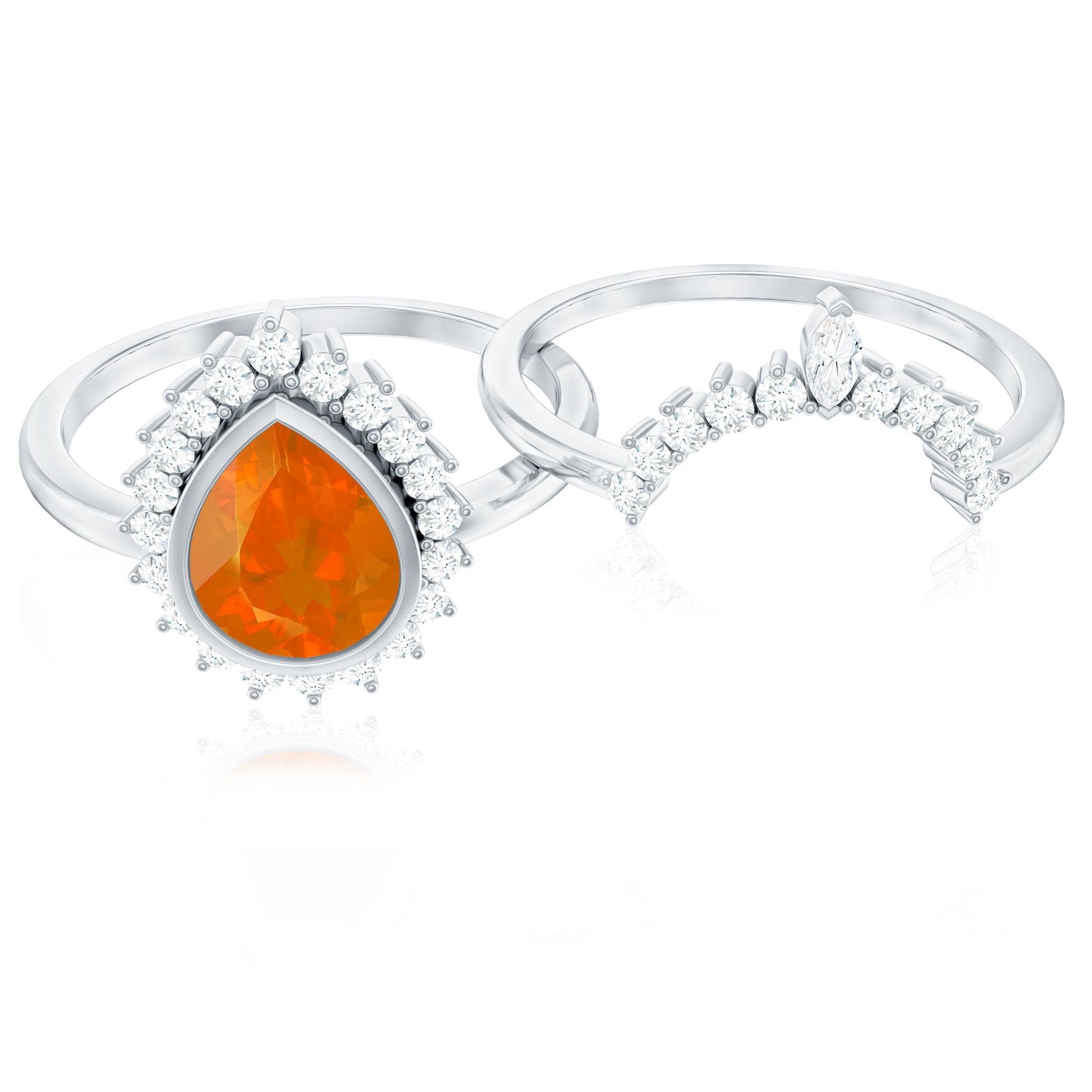 Real 0.6 Carat Fire Opal Teardrop Wedding Ring Set with Diamond Halo