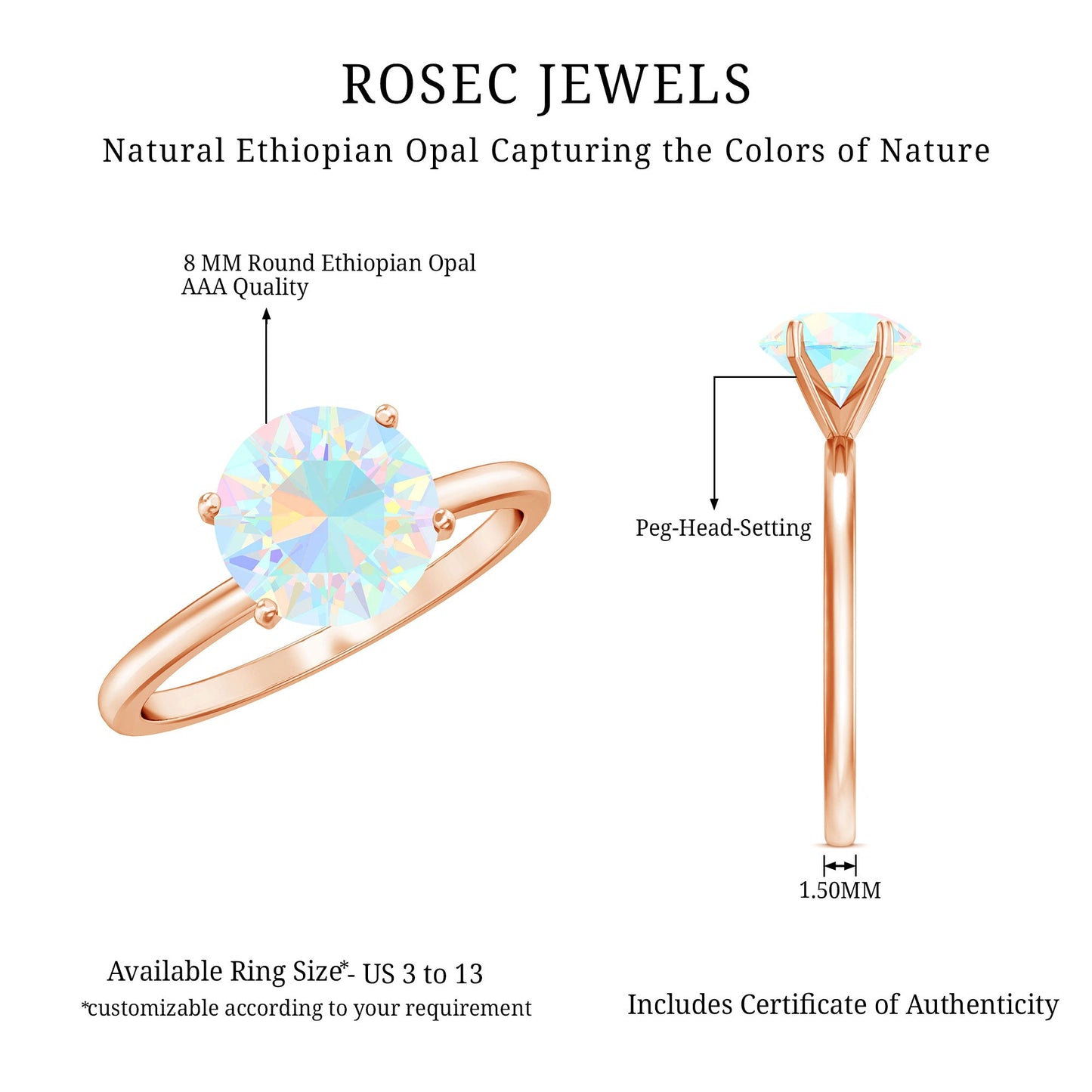 Classic 8mm Solitaire Ethiopian Rainbow Opal Engagement Ring
