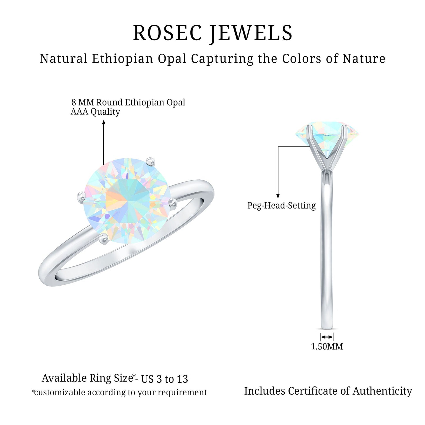 Classic 8mm Solitaire Ethiopian Rainbow Opal Engagement Ring