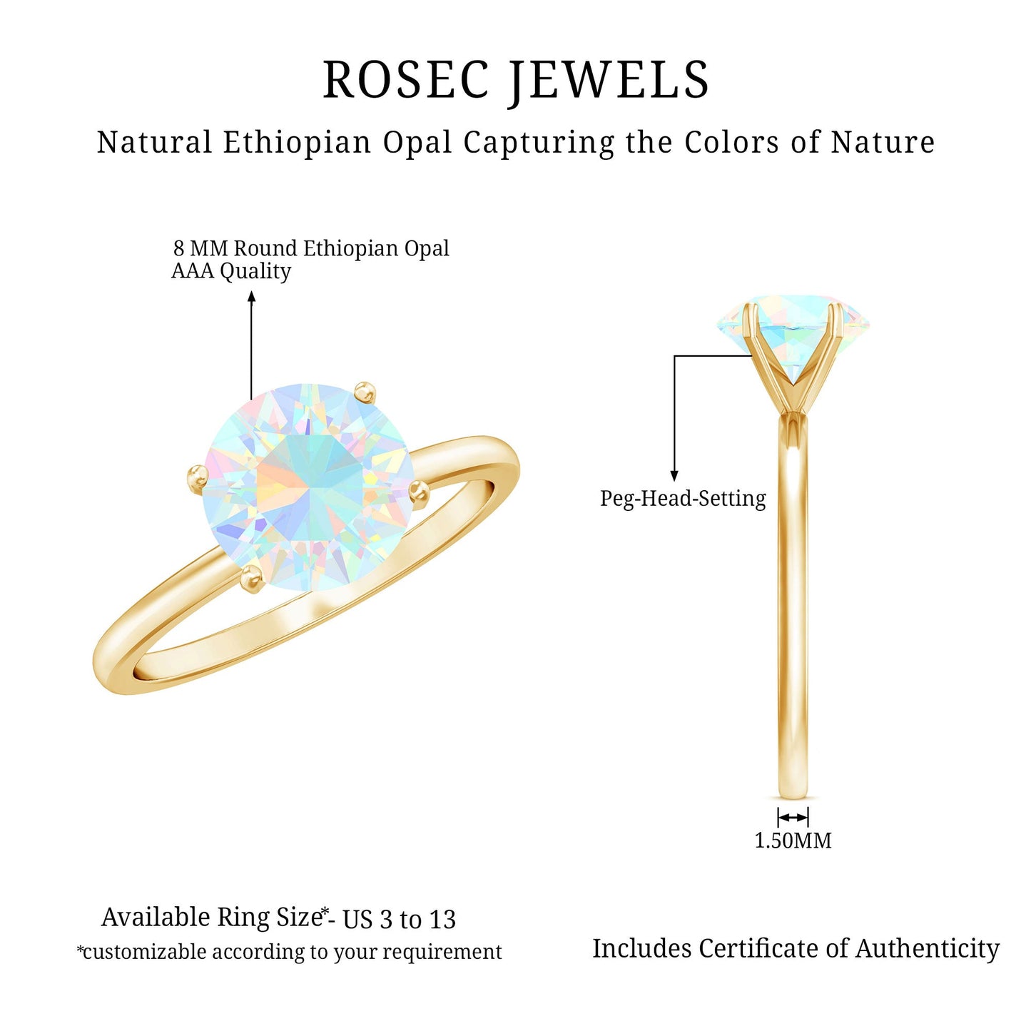 Classic 8mm Solitaire Ethiopian Rainbow Opal Engagement Ring