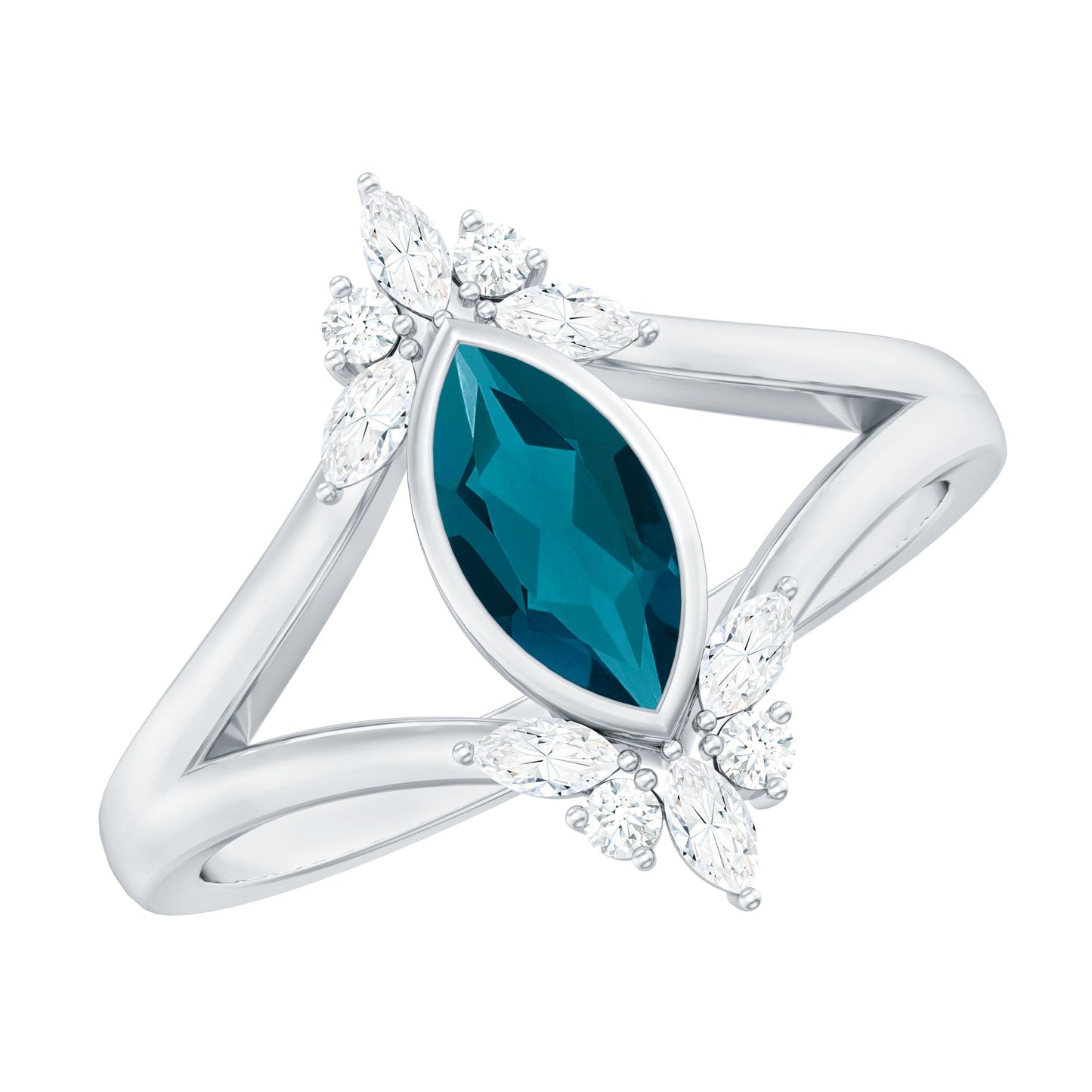 4X8mm Marquise Cut London Blue Topaz Cocktail Ring with Diamond