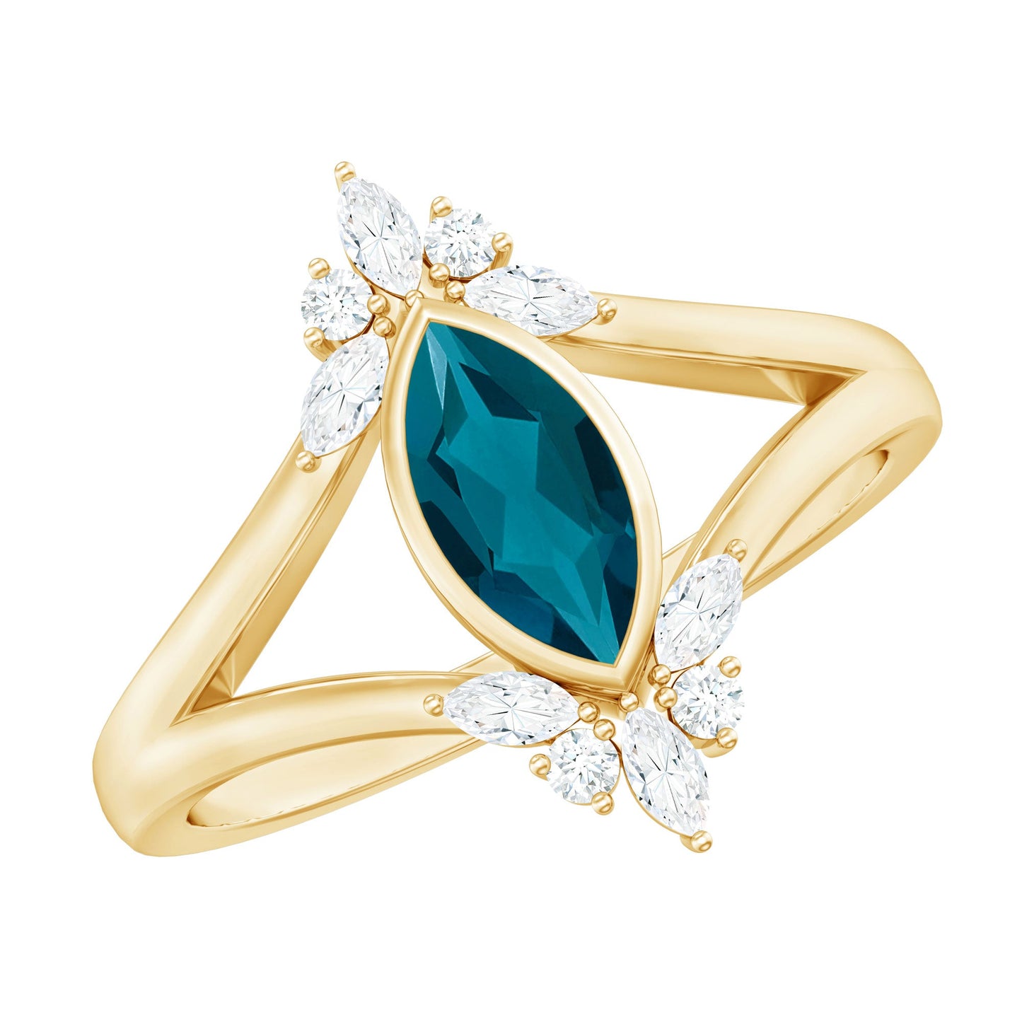 4X8mm Marquise Cut London Blue Topaz Cocktail Ring with Diamond