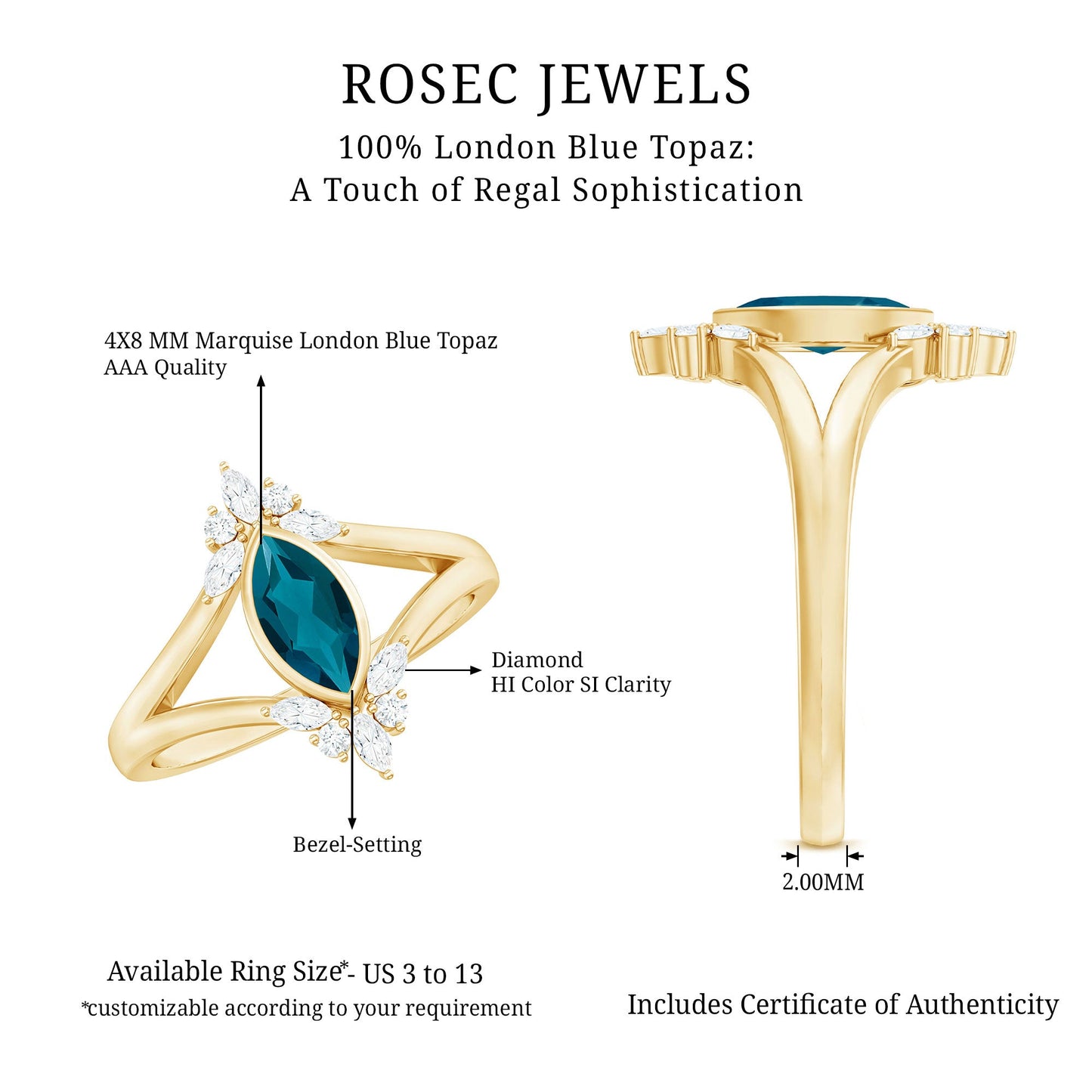 4X8mm Marquise Cut London Blue Topaz Cocktail Ring with Diamond
