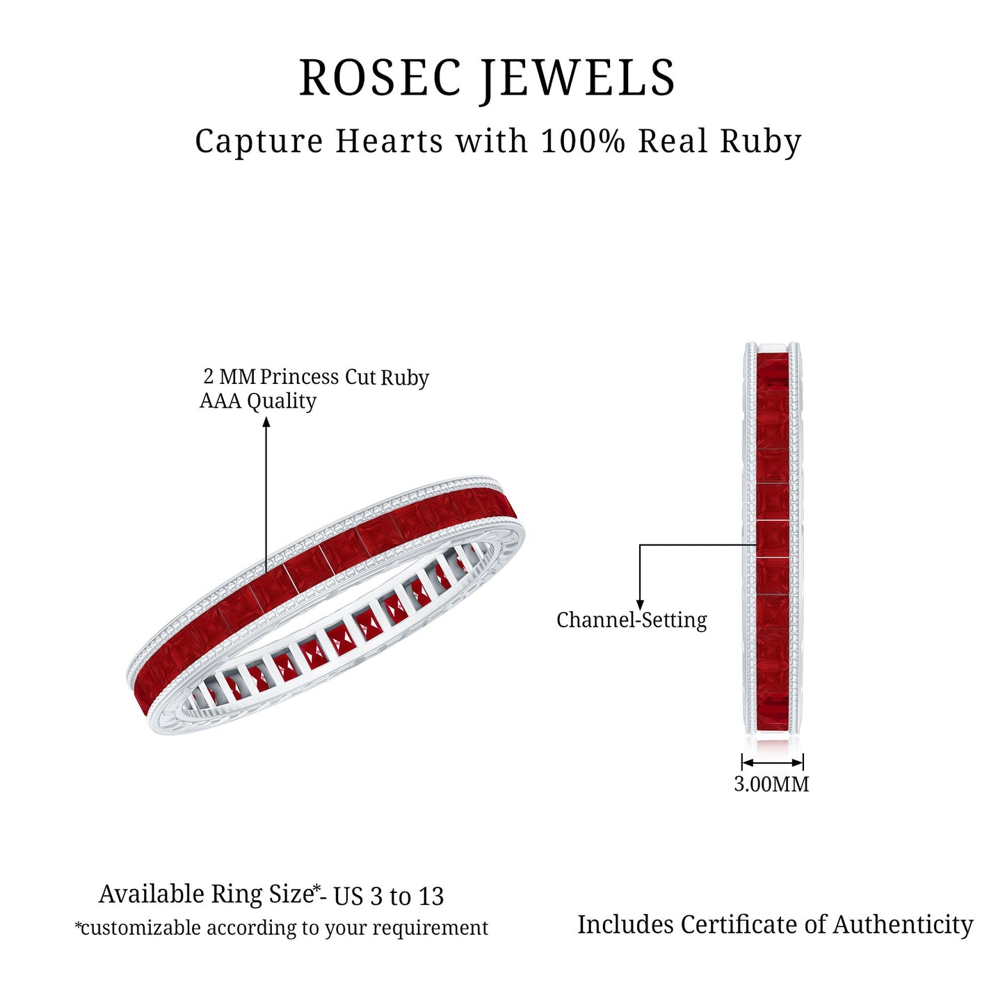 Genuine 1.7 Carat Princess Cut Ruby Eternity Wedding Ring for Women