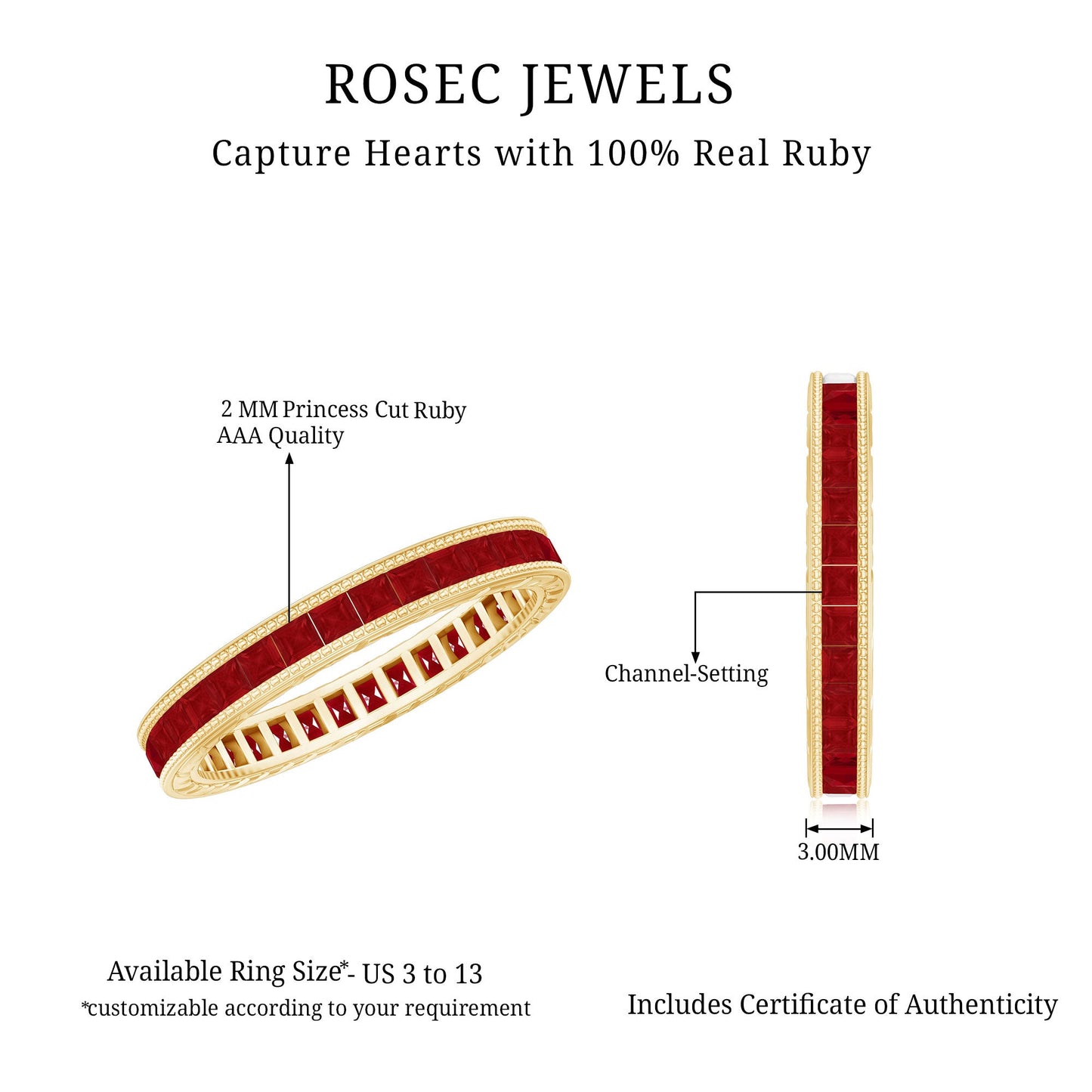 Genuine 1.7 Carat Princess Cut Ruby Eternity Wedding Ring for Women
