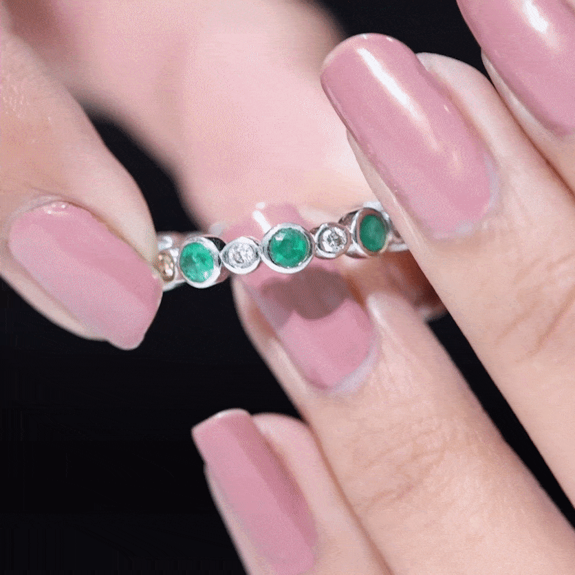 Bezel Set Round Emerald and Moissanite Eternity Wedding Band