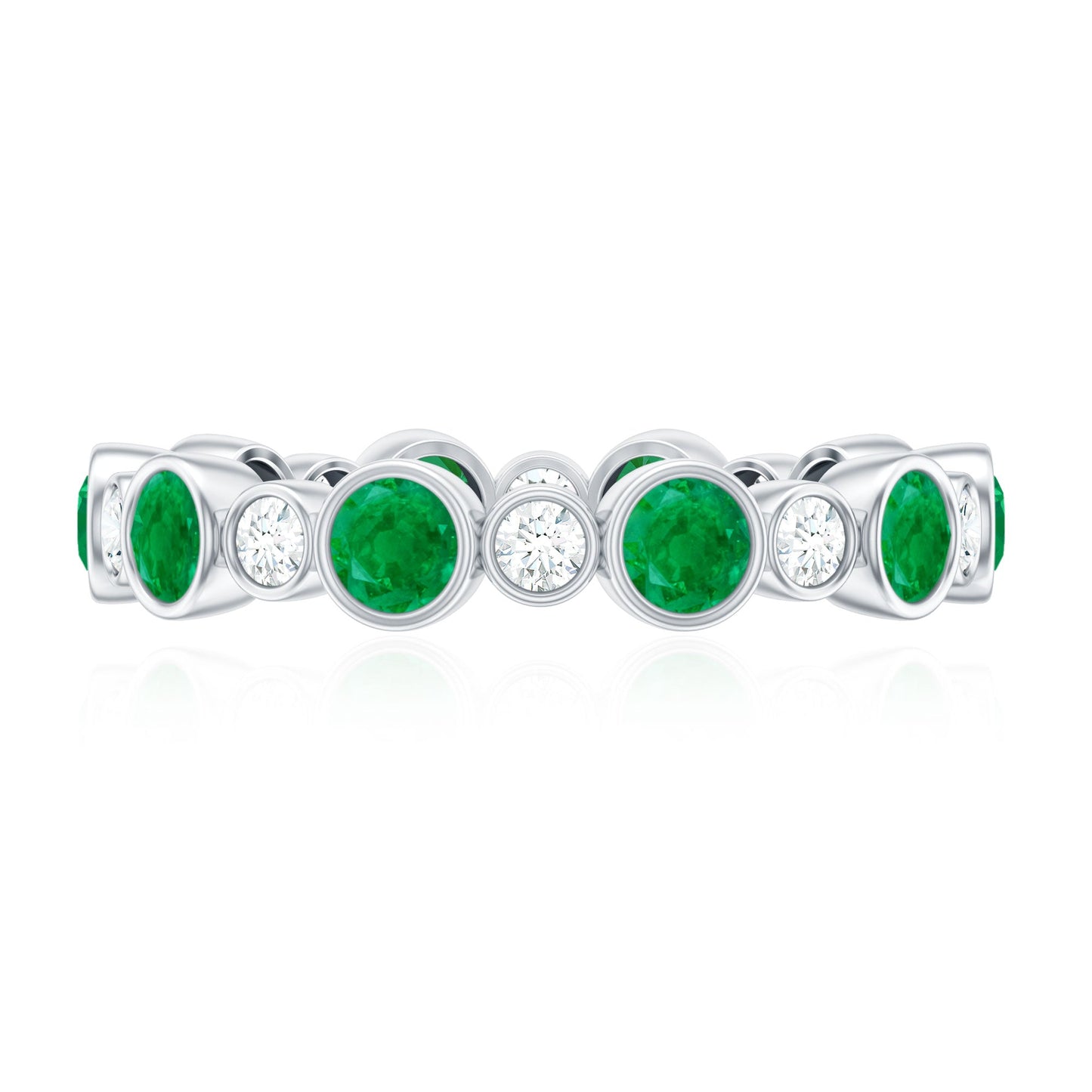 Bezel Set Round Emerald and Moissanite Eternity Wedding Band