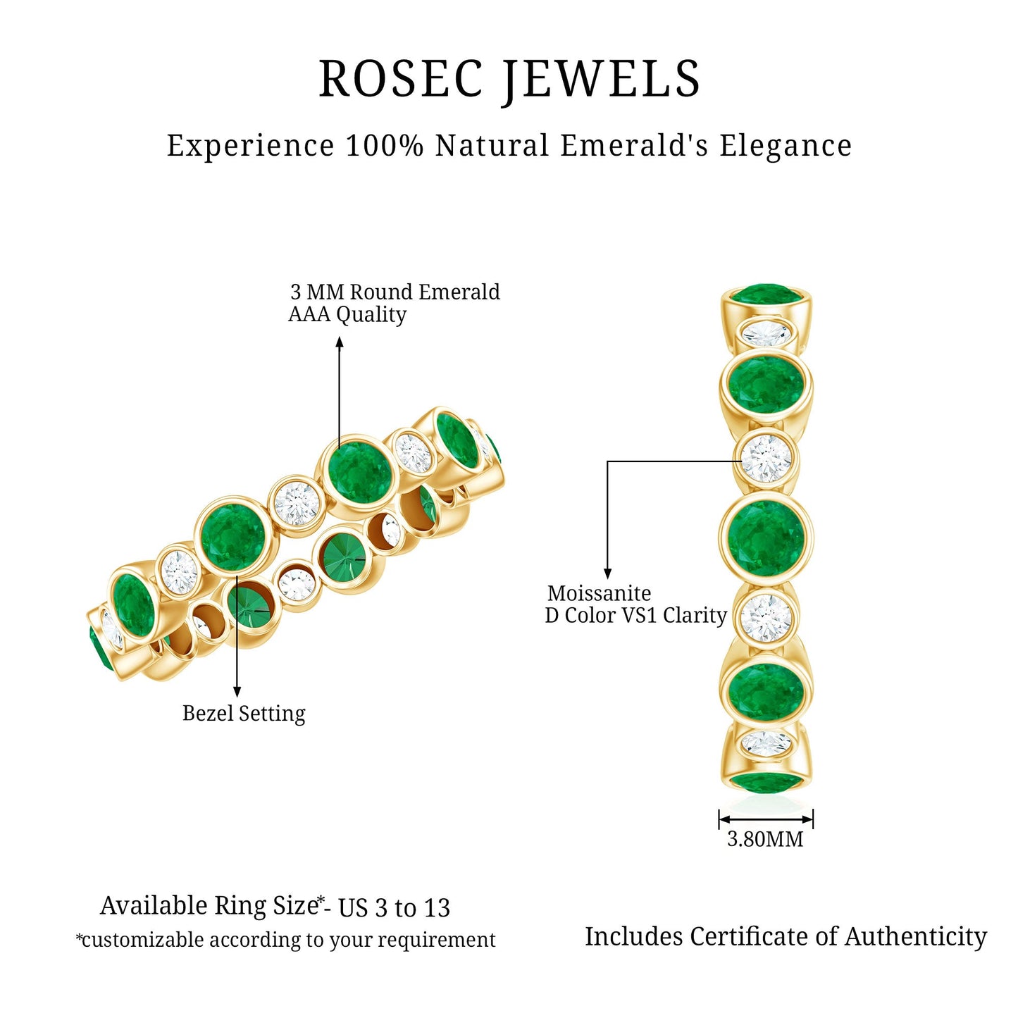 Bezel Set Round Emerald and Moissanite Eternity Wedding Band