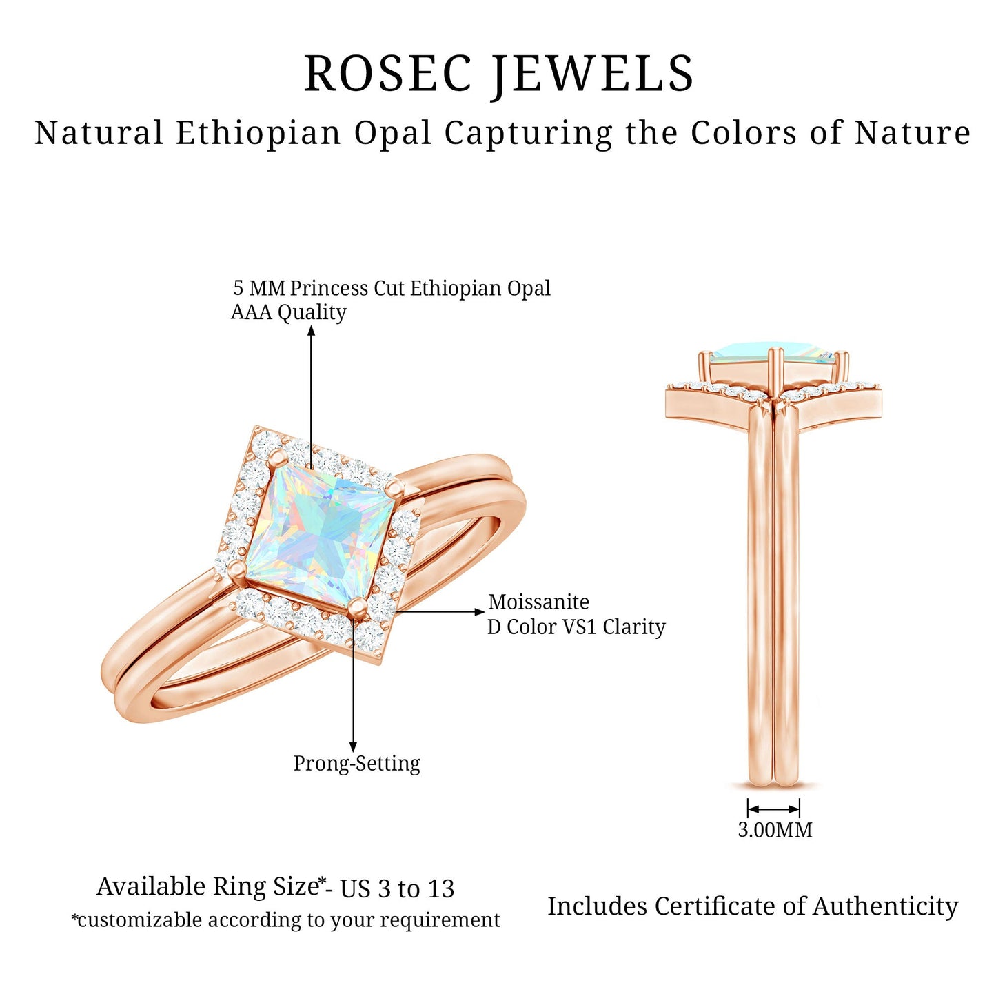 Natural Princess Cut Ethiopian Opal Engagement Ring with Enhancer