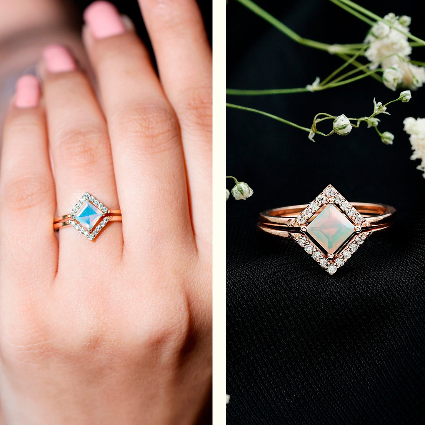 Natural Princess Cut Ethiopian Opal Engagement Ring with Enhancer