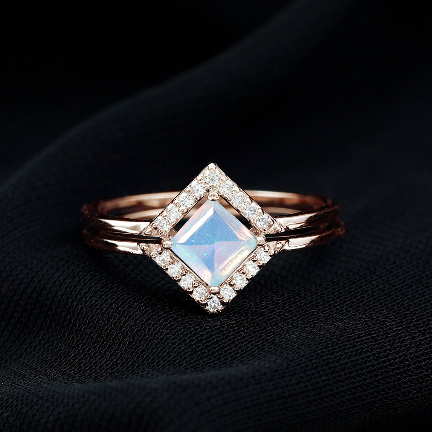 Natural Princess Cut Ethiopian Opal Engagement Ring with Enhancer