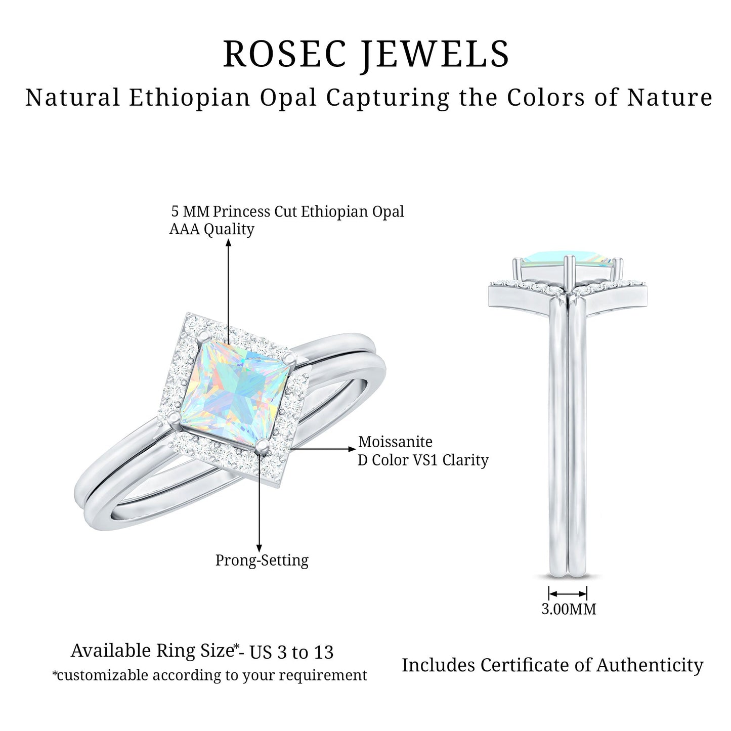 Natural Princess Cut Ethiopian Opal Engagement Ring with Enhancer