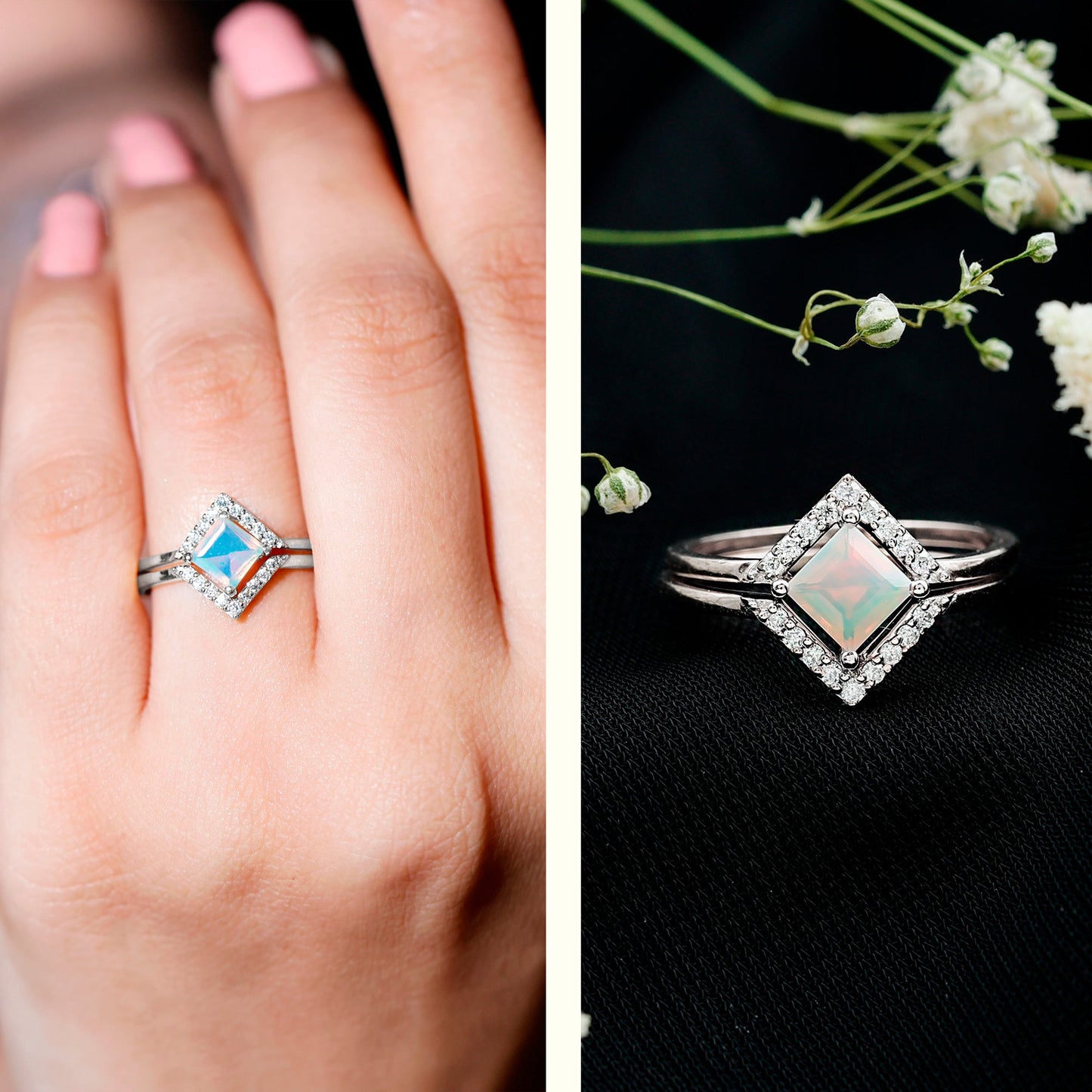 Natural Princess Cut Ethiopian Opal Engagement Ring with Enhancer
