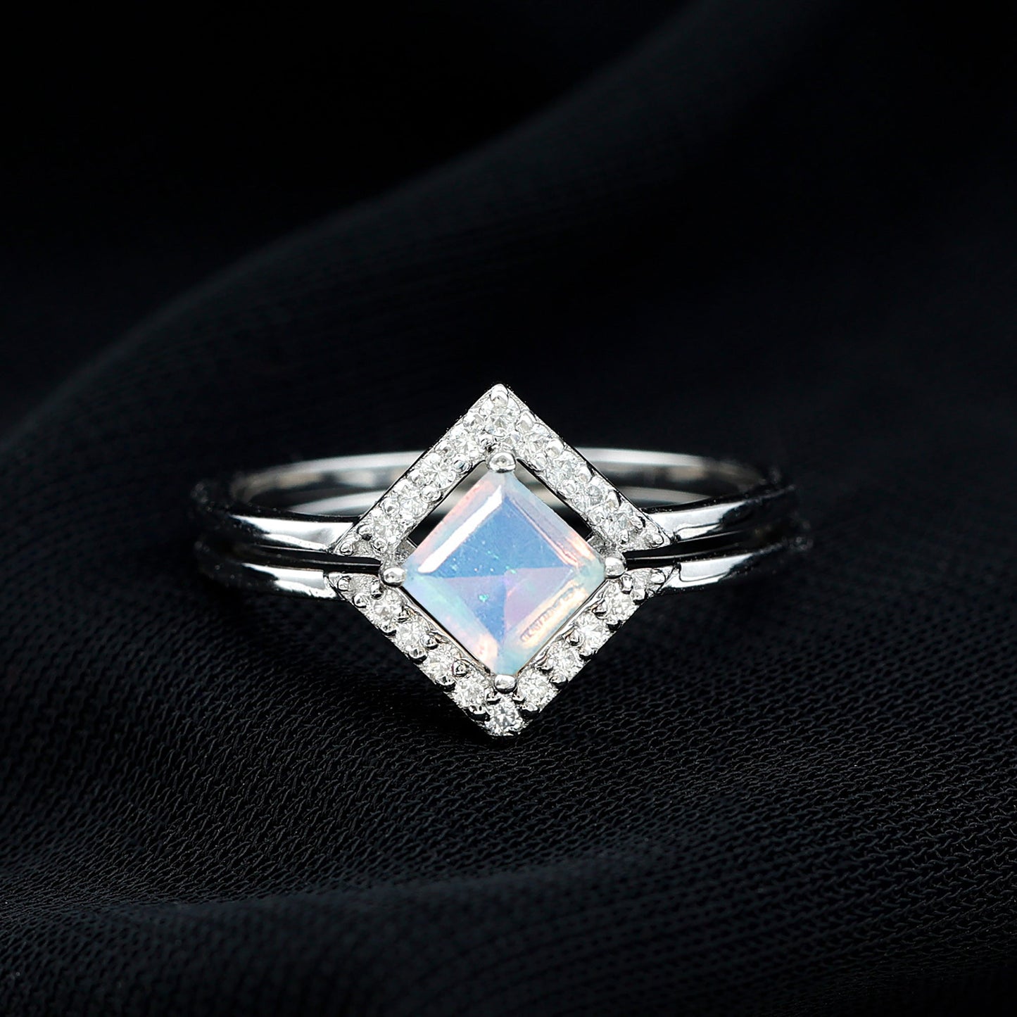 Natural Princess Cut Ethiopian Opal Engagement Ring with Enhancer