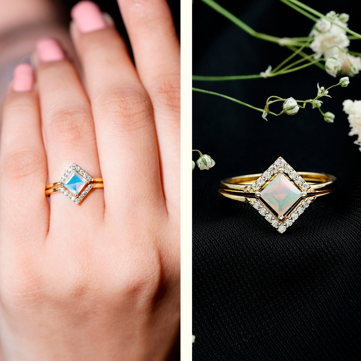 Natural Princess Cut Ethiopian Opal Engagement Ring with Enhancer