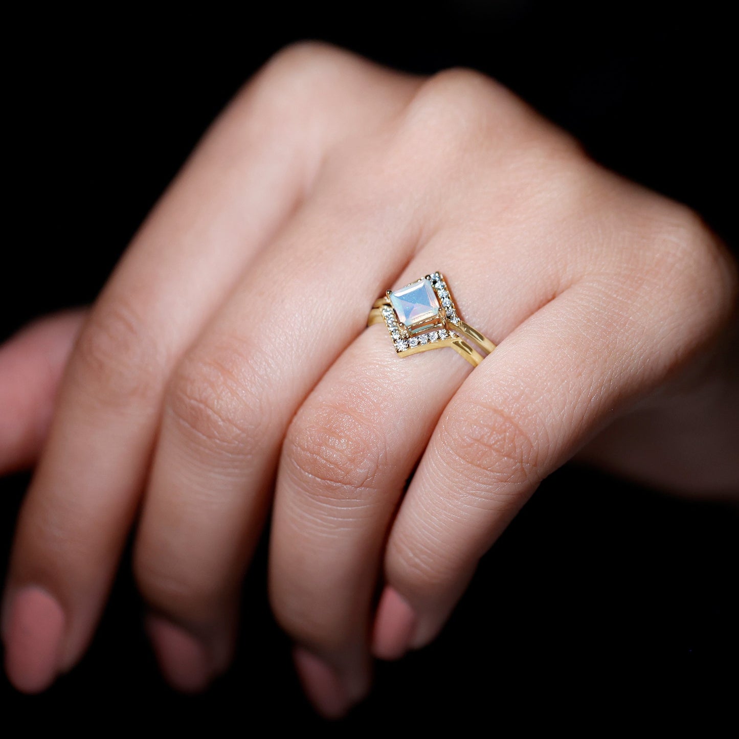 Natural Princess Cut Ethiopian Opal Engagement Ring with Enhancer