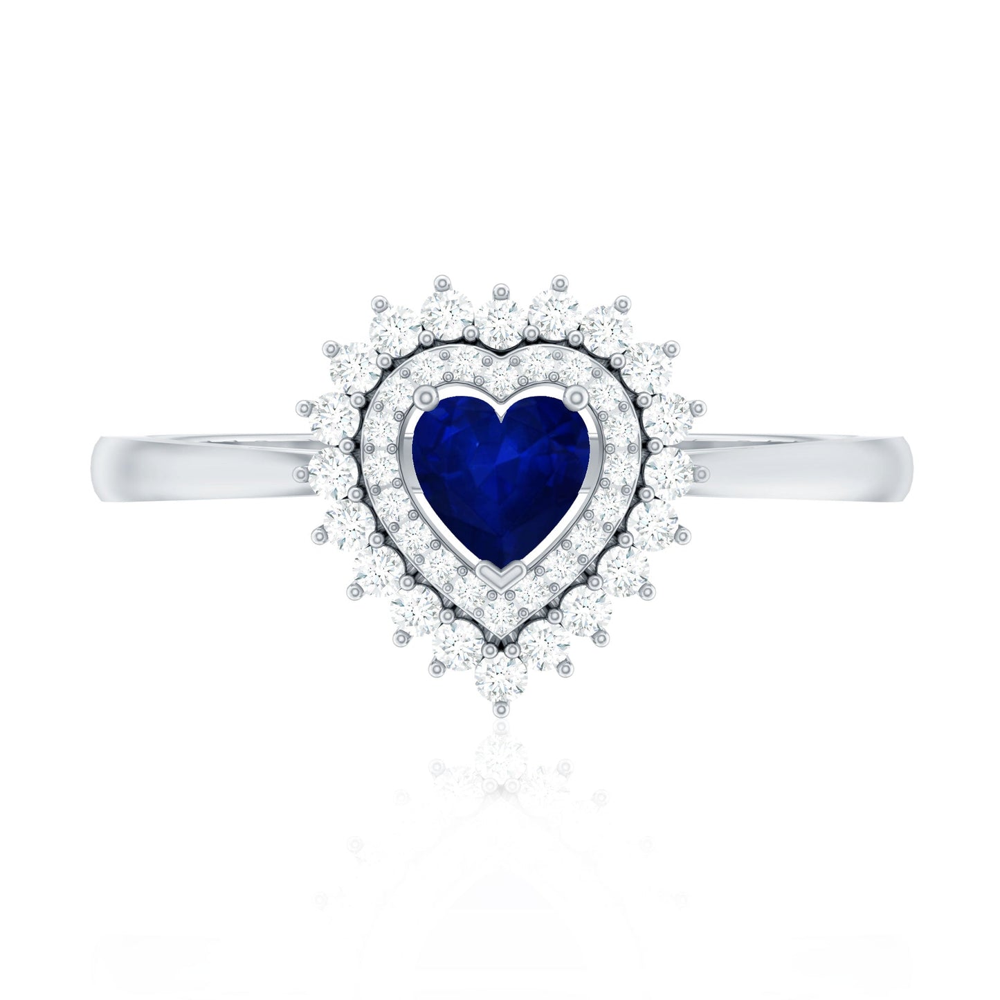 Blue Sapphire Heart and Diamond Double Halo Engagement Ring