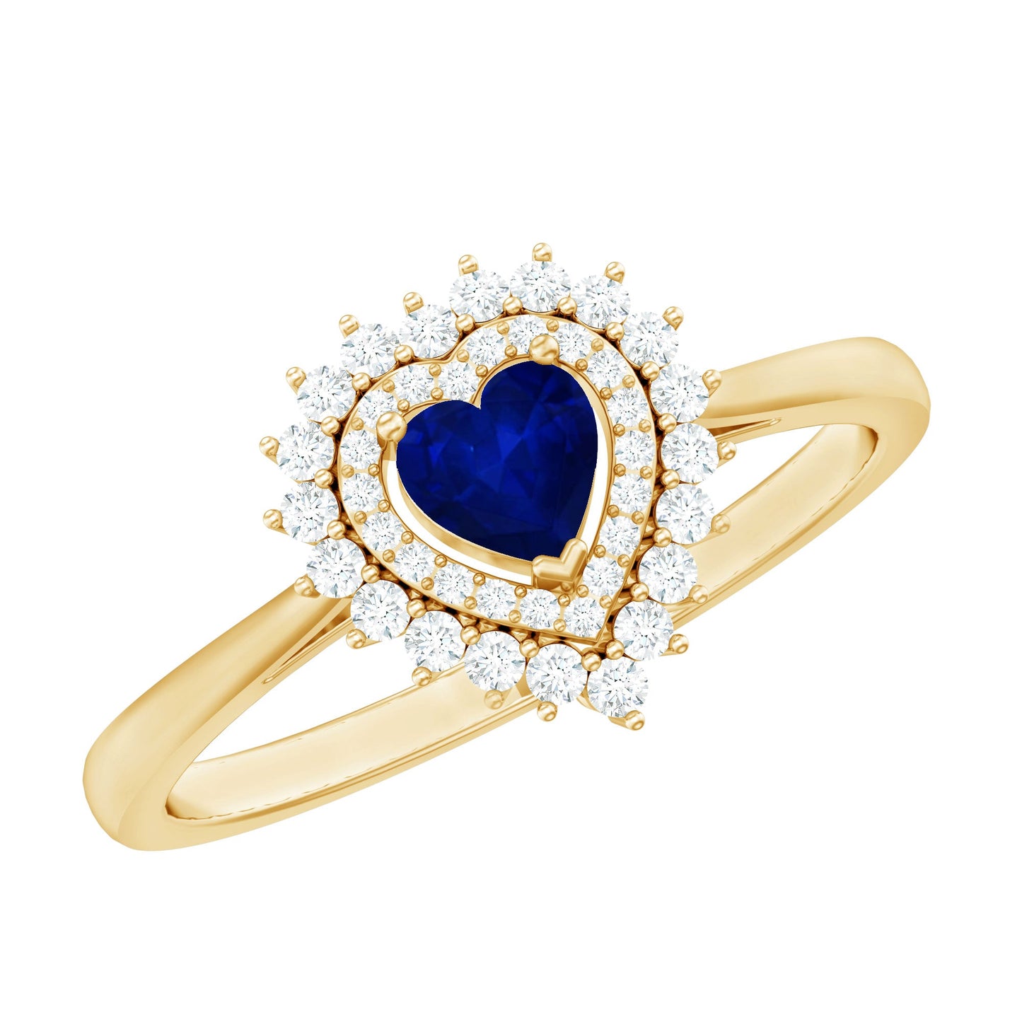 Blue Sapphire Heart and Diamond Double Halo Engagement Ring