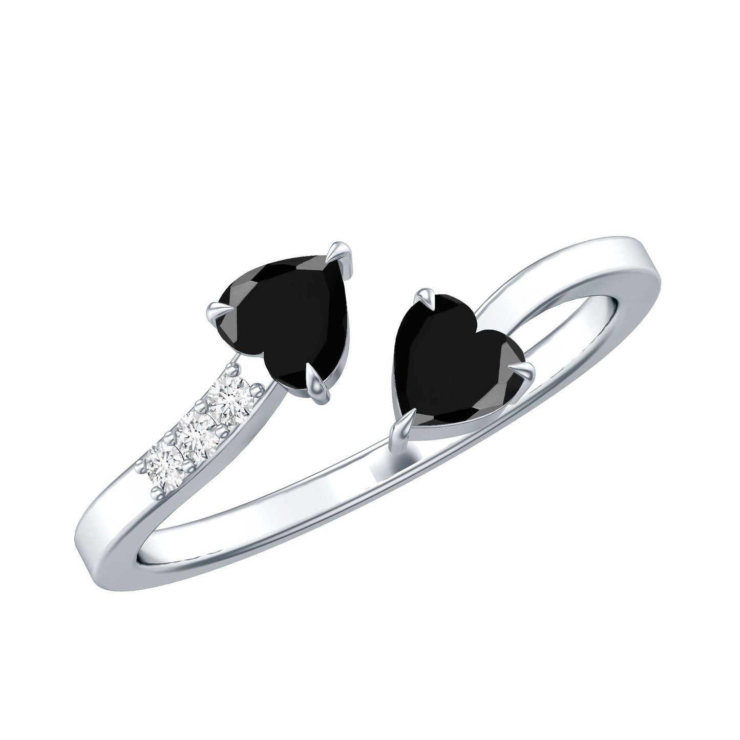 Heart Shape Black Onyx Two Stone Wrap Ring with Diamond