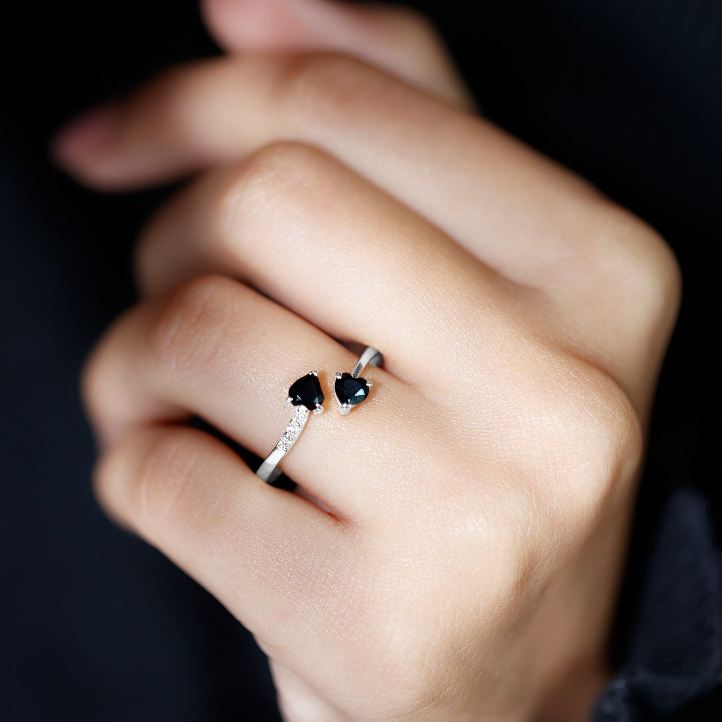 Heart Shape Black Onyx Two Stone Wrap Ring with Diamond