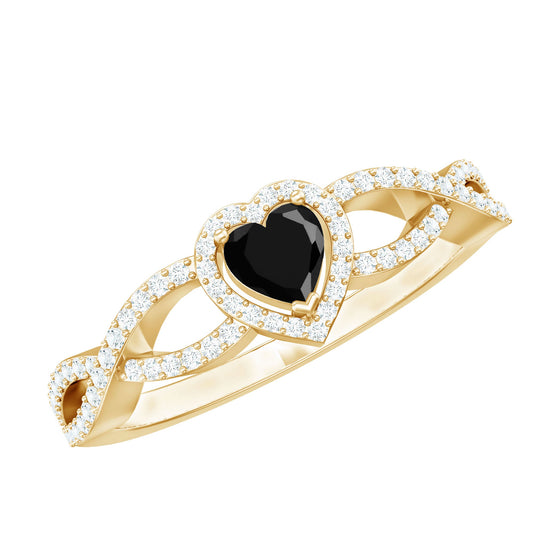 0.6 Carat Lab Grown Black and White Diamond Heart Engagement Ring with Crossover Shank