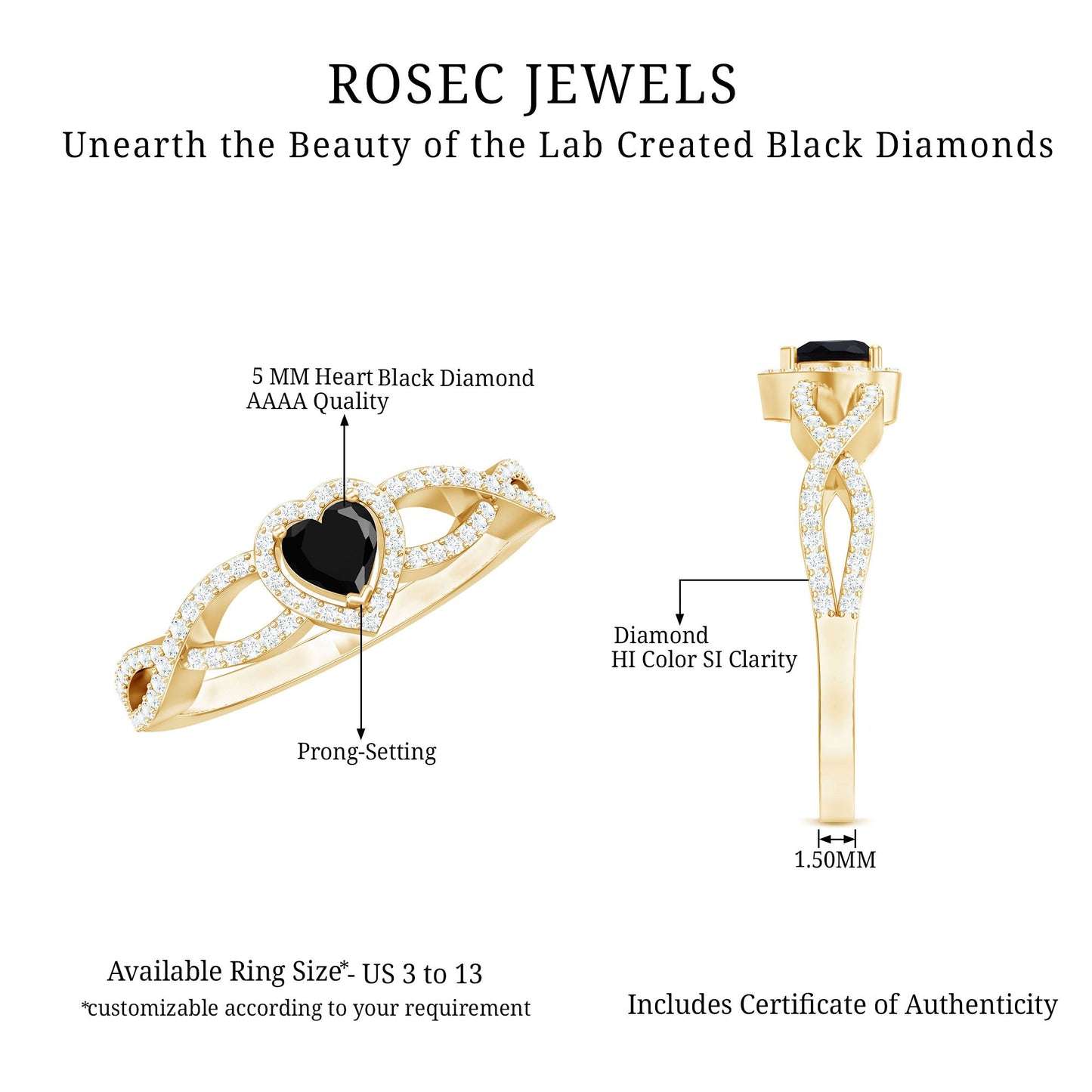 0.6 Carat Lab Grown Black and White Diamond Heart Engagement Ring with Crossover Shank