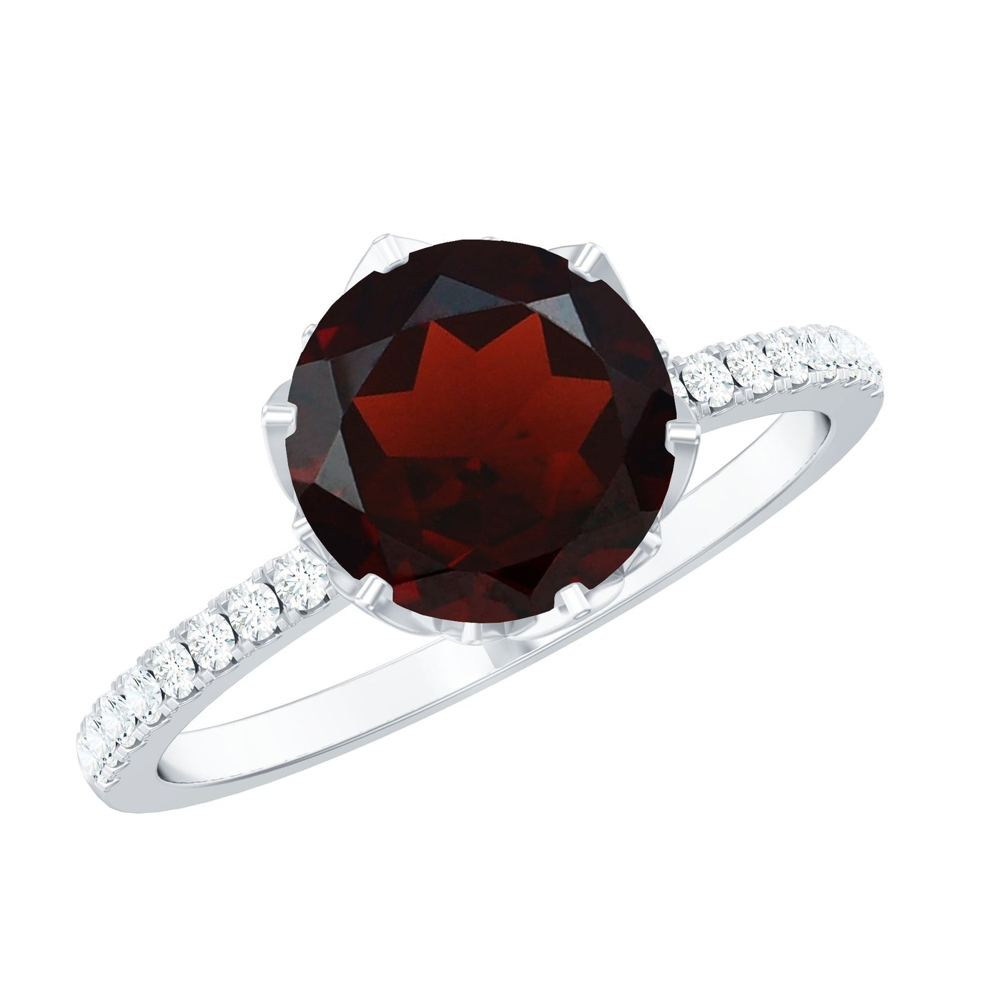 Natural 8mm Garnet Solitaire Engagement Ring with Diamond