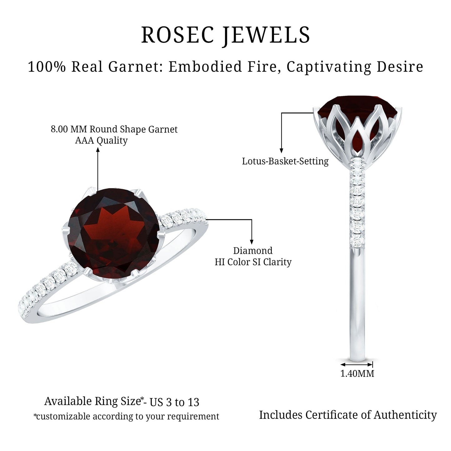 Natural 8mm Garnet Solitaire Engagement Ring with Diamond