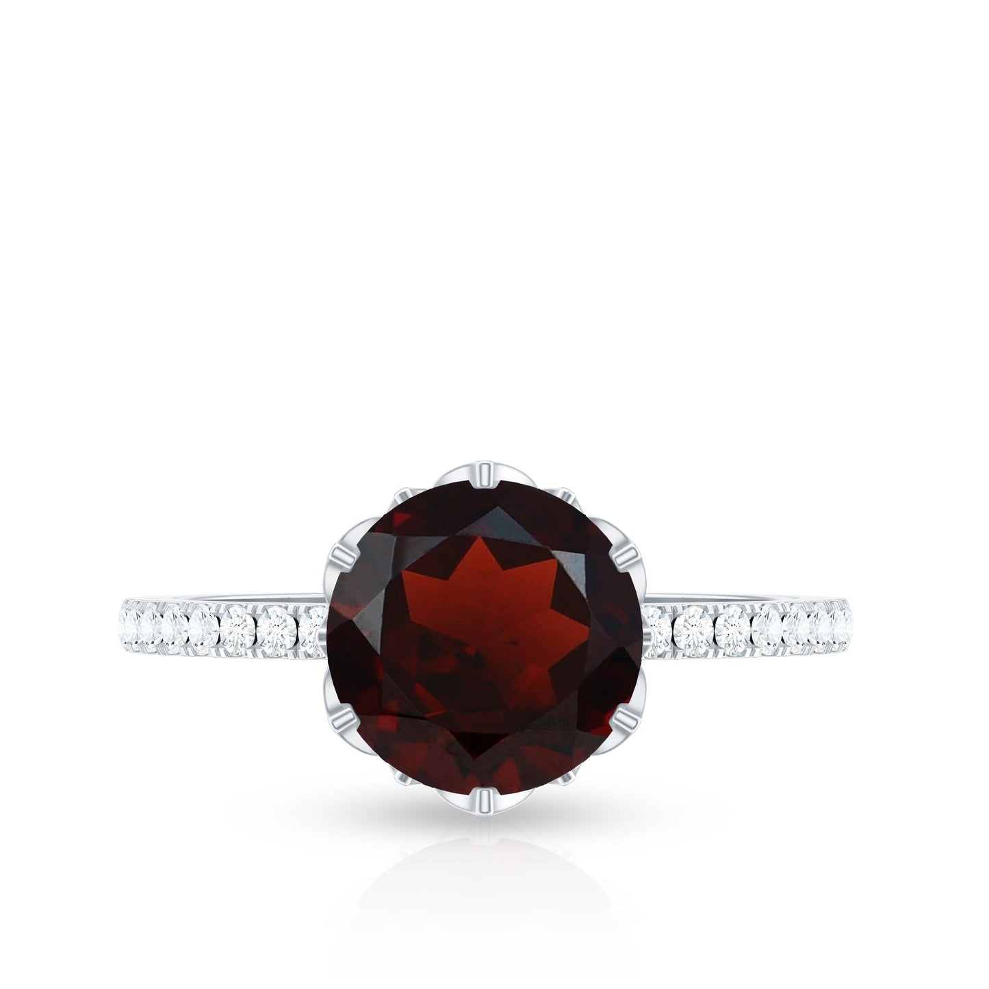 Natural 8mm Garnet Solitaire Engagement Ring with Diamond